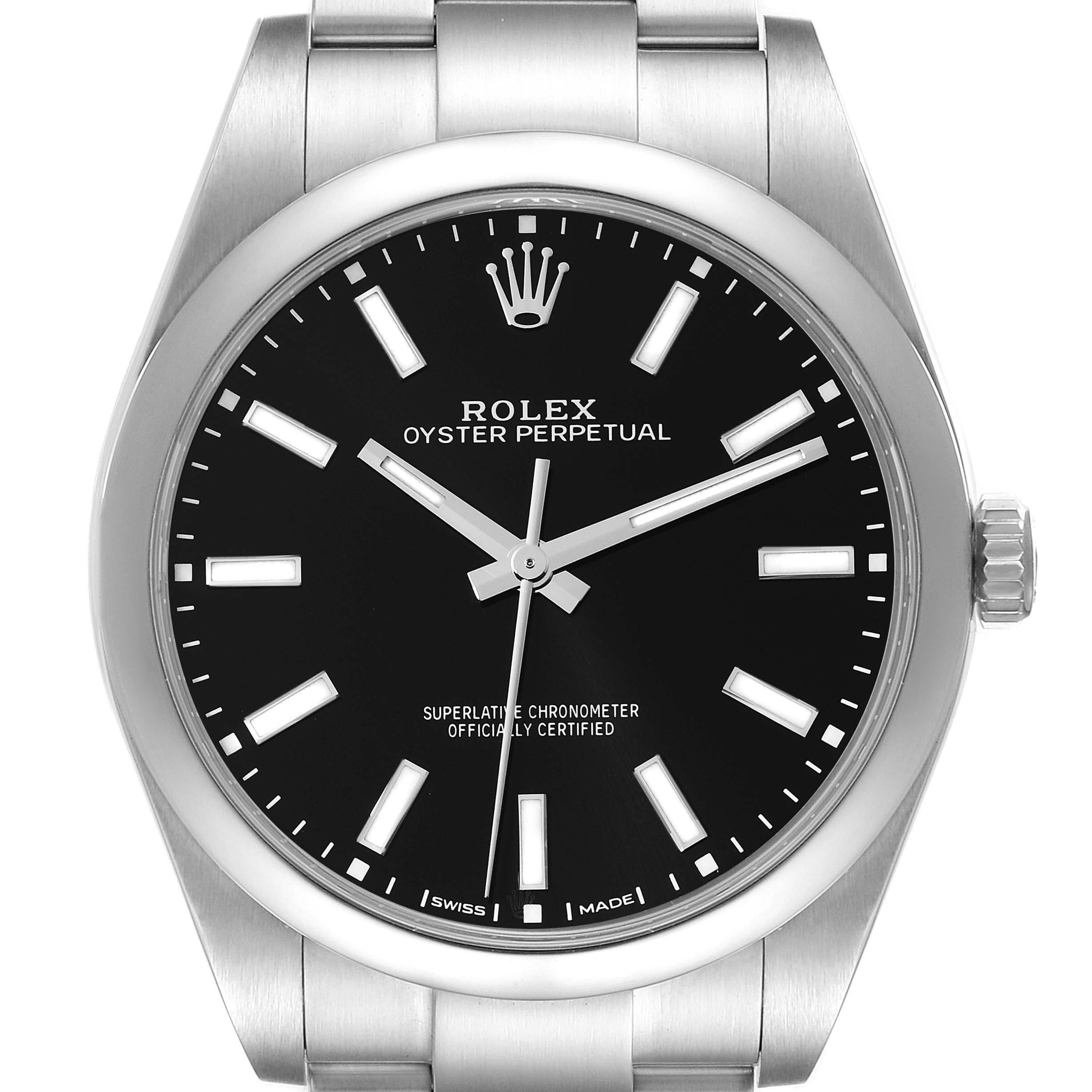 The image shows a frontal view of the Rolex Oyster Perpetual 114300 Men
s Stainless Steel Black Dial 114300 Men
s Stainless Steel Black Dial watch, highlighting its black dial, hands, markers, and bracelet.
