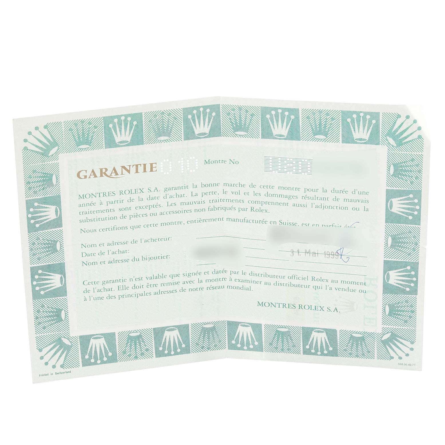 This image shows a warranty certificate for the Rolex Oyster Perpetual 67194 Women's Stainless Steel Blue Dial 67194 Women's Stainless Steel Blue Dial model.