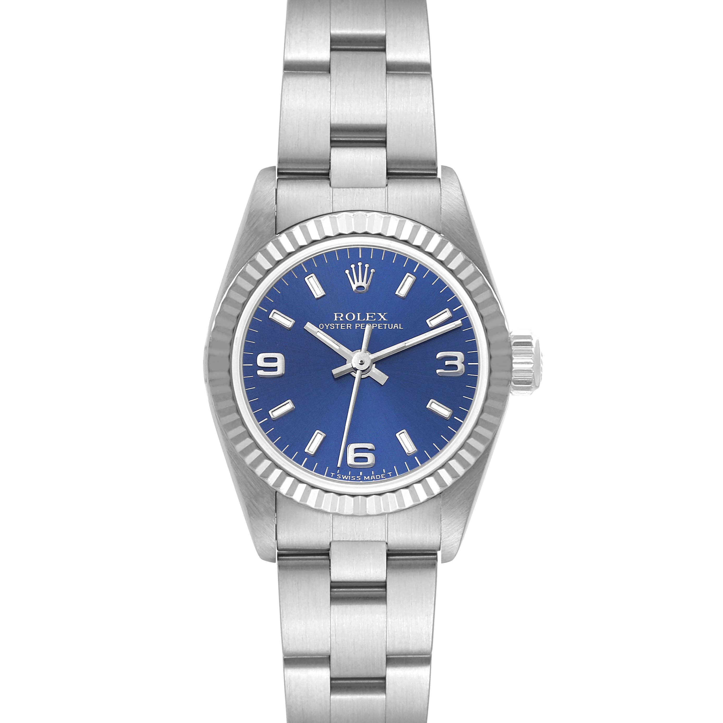 This image shows a front view of the Rolex Oyster Perpetual 67194 Women's Stainless Steel Blue Dial 67194 Women's Stainless Steel Blue Dial watch featuring a blue dial and silver bracelet.