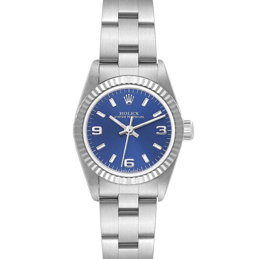 Rolex Oyster Perpetual Blue Dial Steel White Gold Ladies Watch 67194 Box Papers SwissWatchExpo