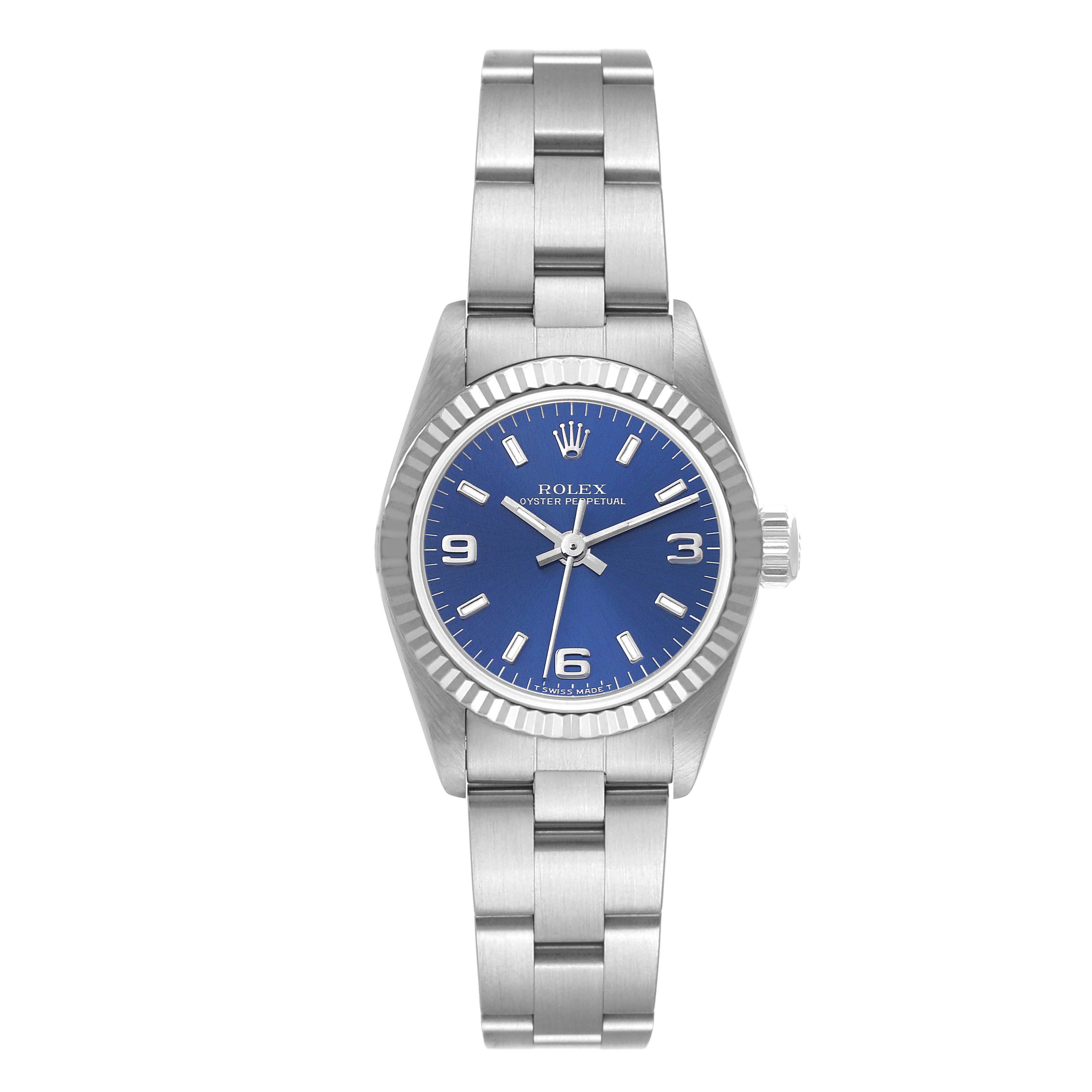 This Rolex Oyster Perpetual 67194 Women's Stainless Steel Blue Dial 67194 Women's Stainless Steel Blue Dial watch is shown from the front, displaying the dial, bezel, crown, and bracelet.