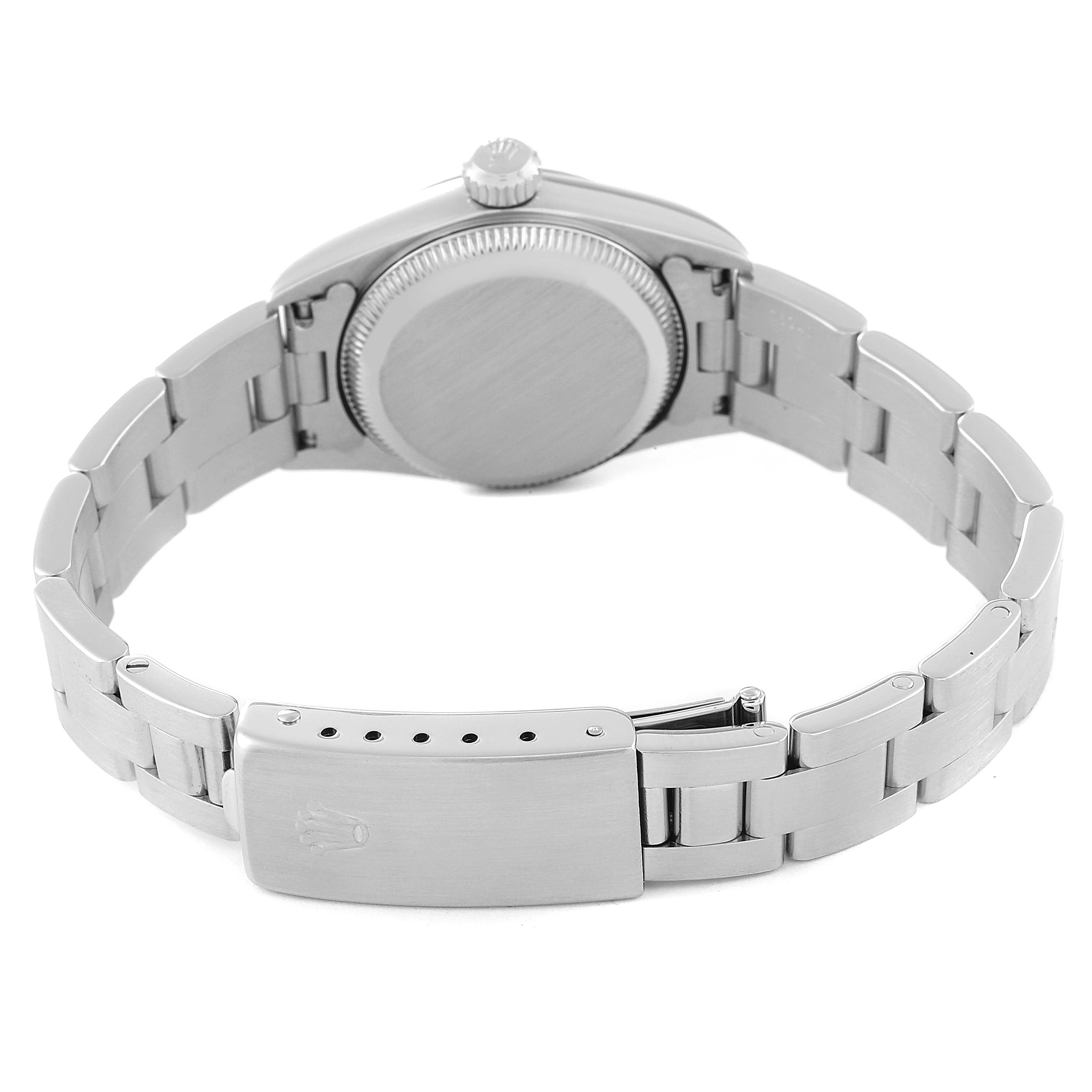 This image shows the back and bracelet clasp of the Rolex Oyster Perpetual 67194 Women's Stainless Steel Blue Dial 67194 Women's Stainless Steel Blue Dial watch.