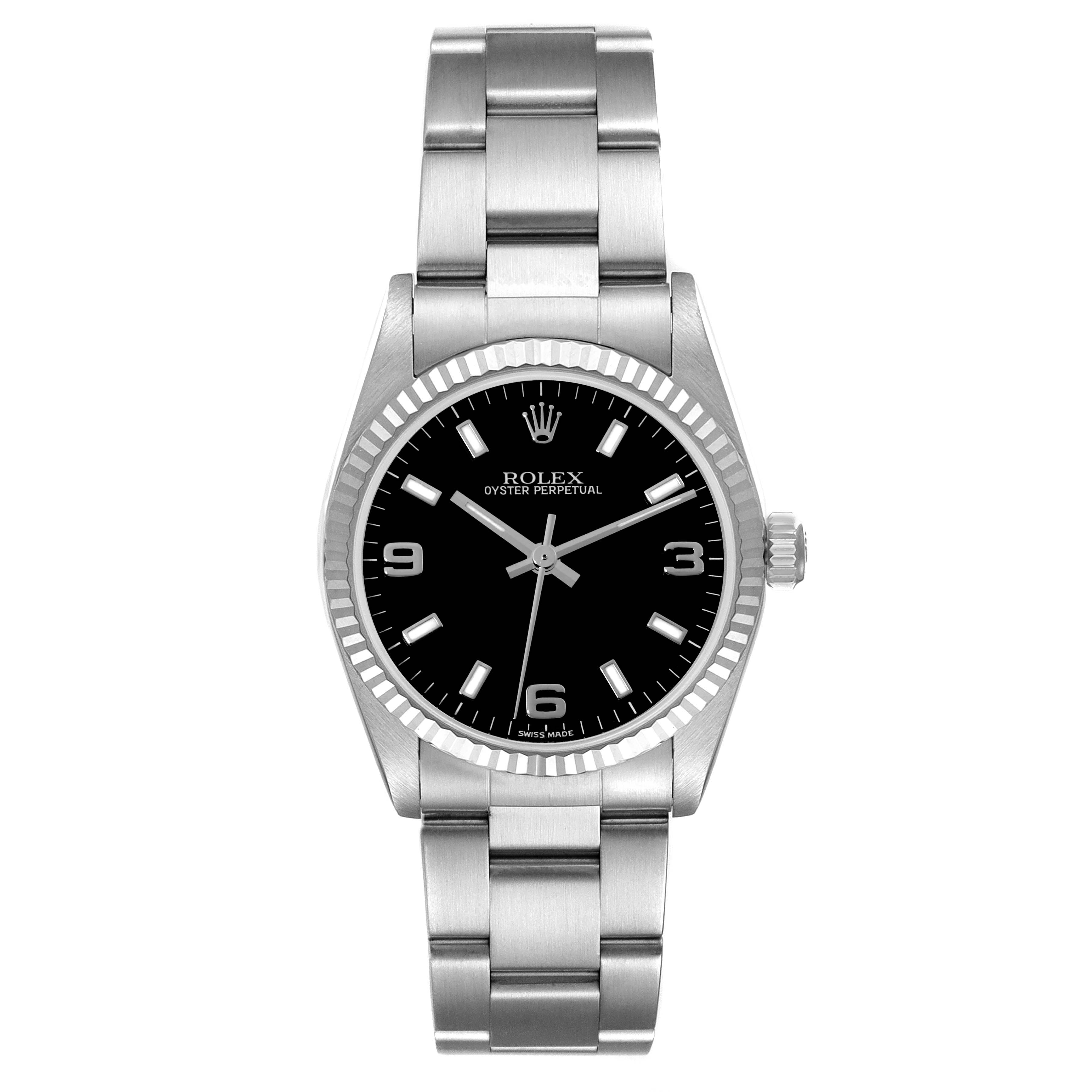 The image shows a front view of a Rolex Mid-Size 77014 Women
s Stainless Steel Black Dial 77014 Women
s Stainless Steel Black Dial Oyster Perpetual watch, displaying the face, bezel, and bracelet.