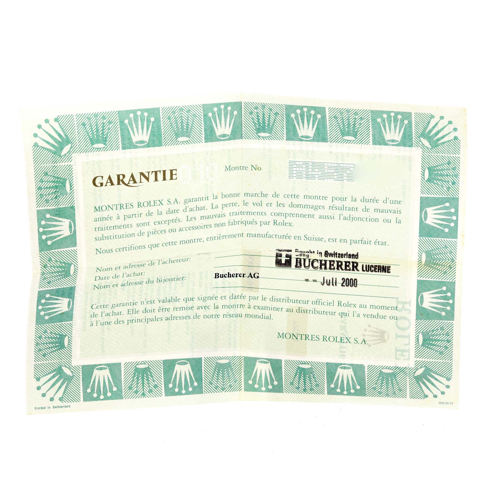 This image shows a warranty certificate for a Mid-Size Rolex watch, including the brand name and dealer details.