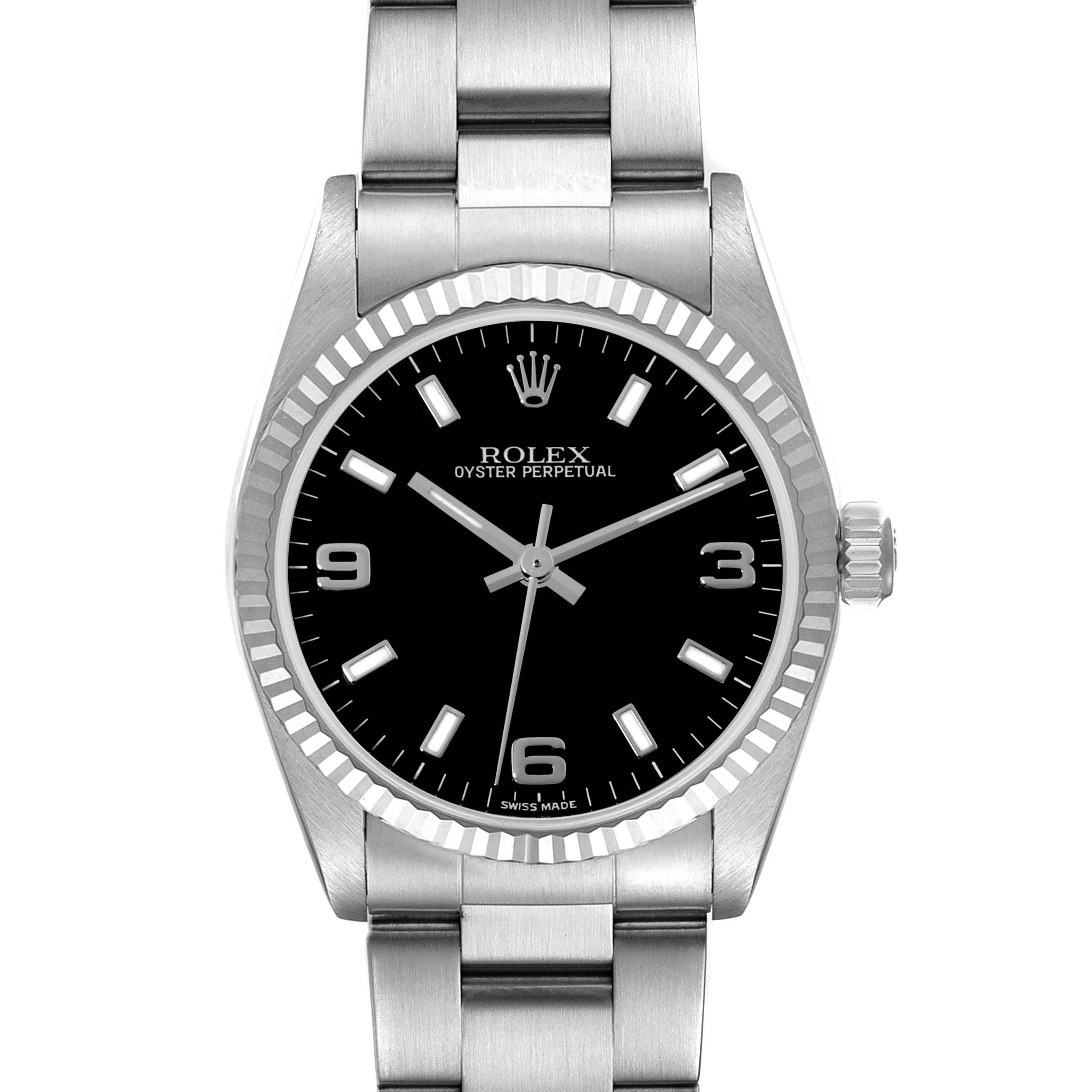 The image shows a front view of a Mid-Size Rolex Oyster Perpetual watch, showcasing the black dial, bezel, crown, and stainless steel bracelet.