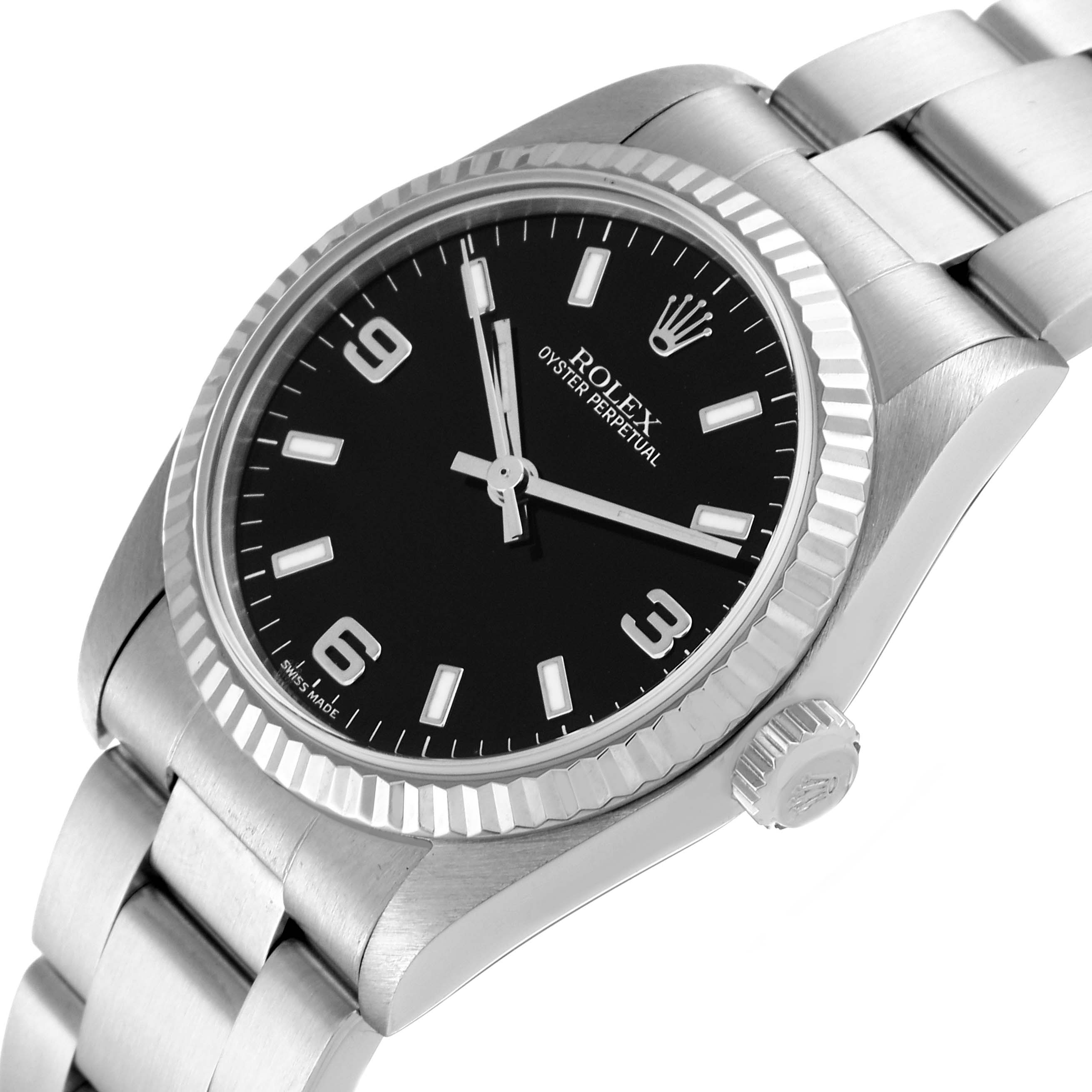The image shows a close-up angled view of the Rolex Mid-Size 77014 Women
s Stainless Steel Black Dial 77014 Women
s Stainless Steel Black Dial Oyster Perpetual watch, highlighting the bezel, dial, and bracelet.