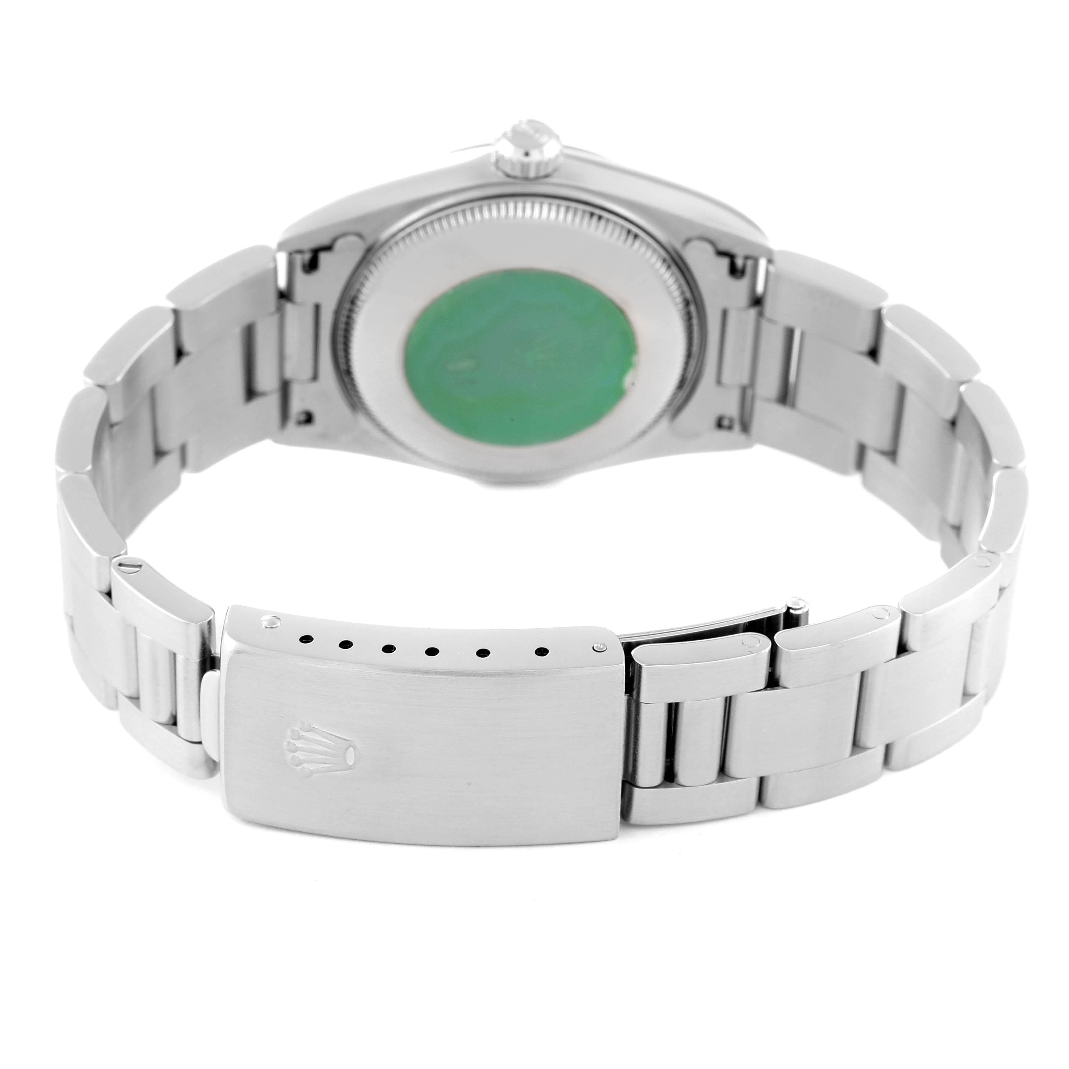 The image shows the back case, bracelet, and clasp of a Mid-Size Rolex watch.