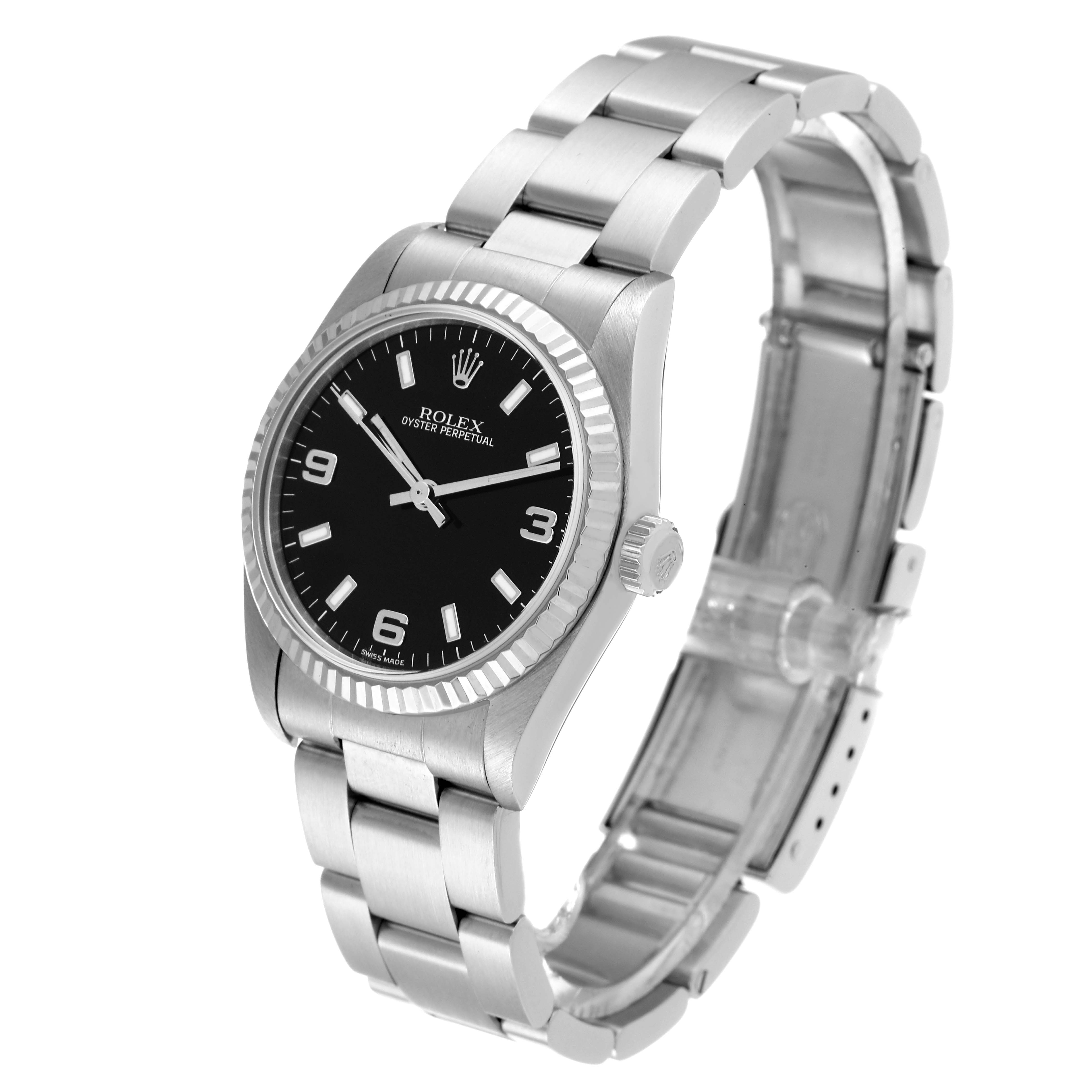 The Mid-Size Rolex watch is shown at a three-quarter angle, displaying the face, bezel, crown, and bracelet.