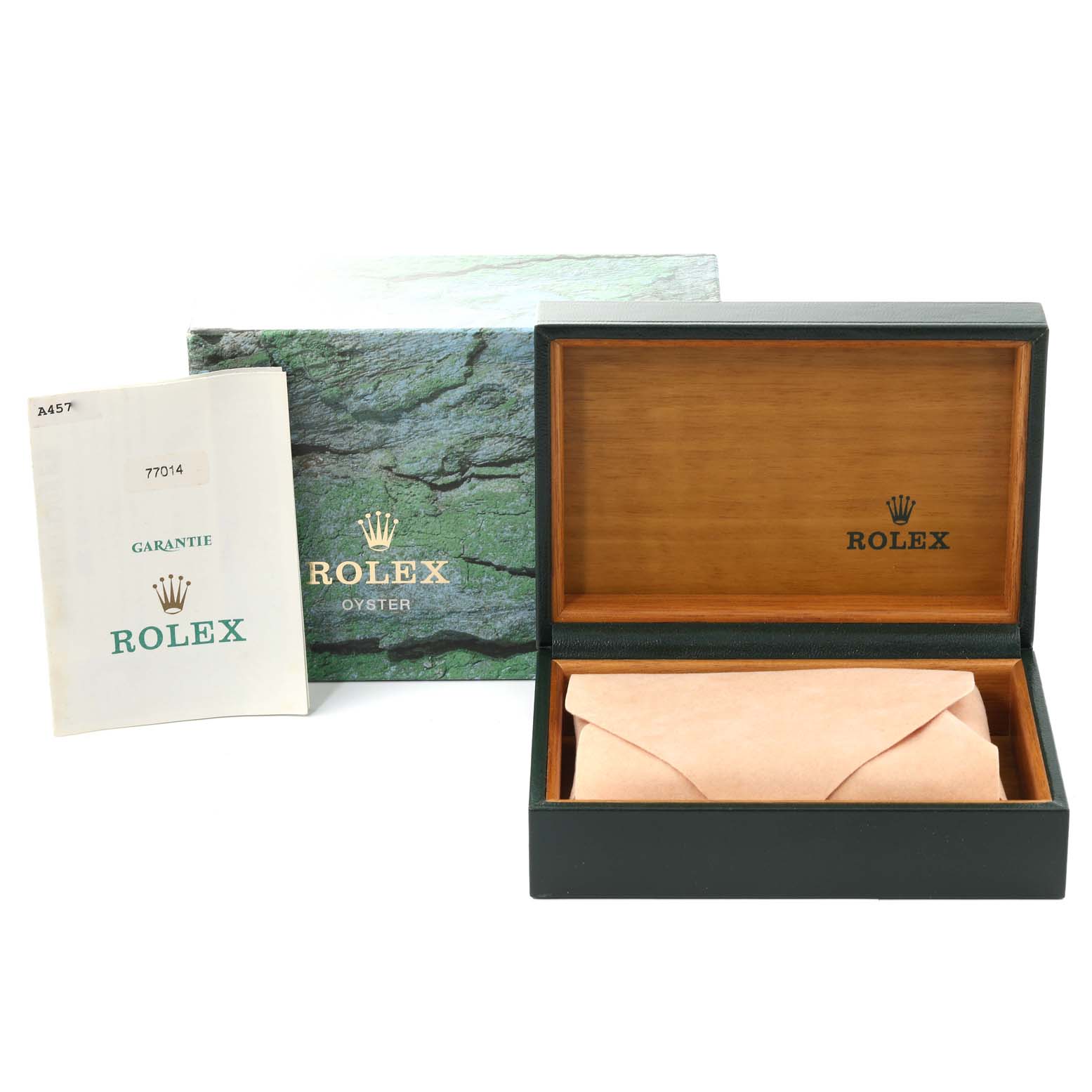 This image shows the original box, outer box, and guarantee booklet for a Mid-Size Rolex watch.