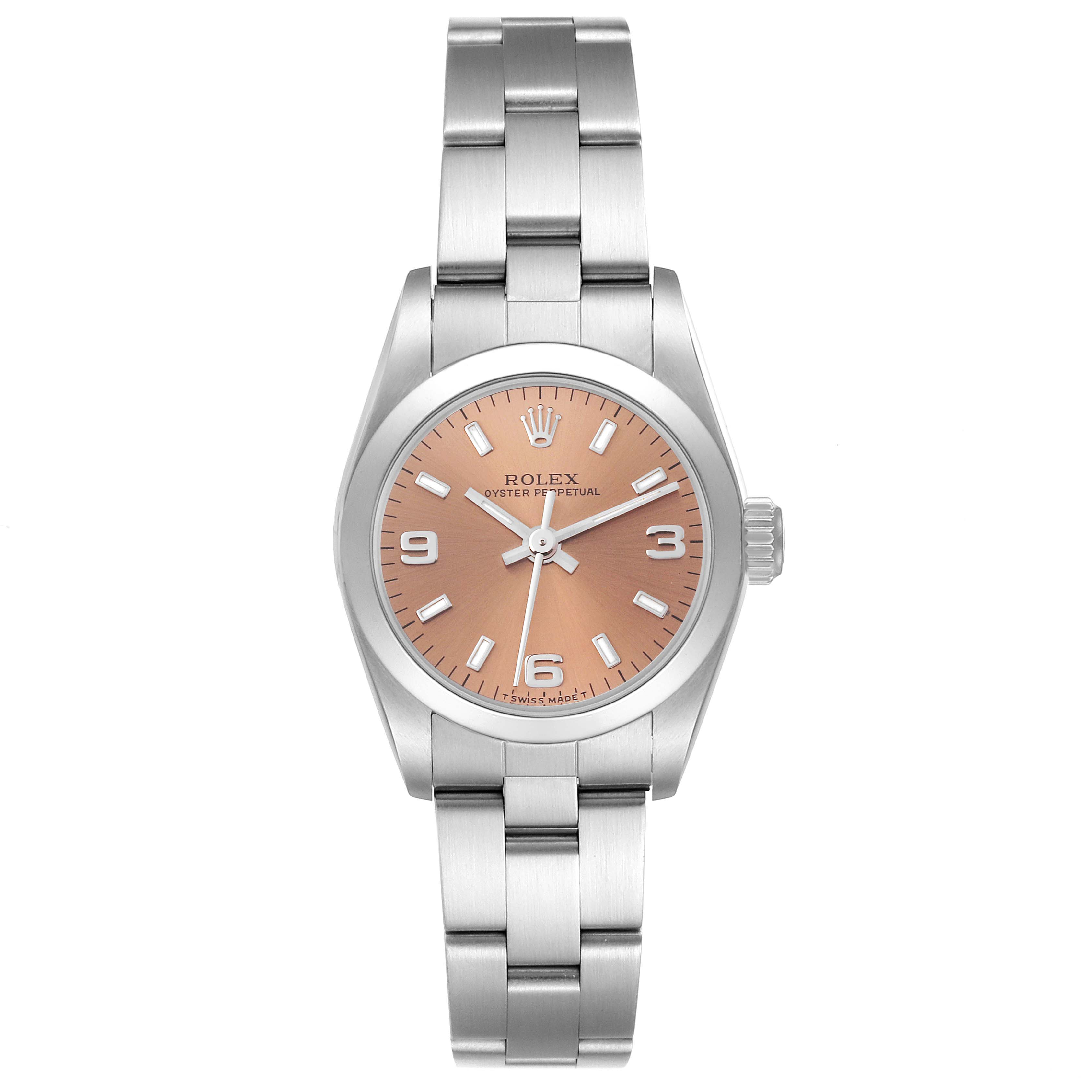The Rolex Oyster Perpetual 67180 Women's Stainless Steel Pink Dial 67180 Women's Stainless Steel Pink Dial watch is shown from a straight-on angle, displaying the dial, case, and bracelet.