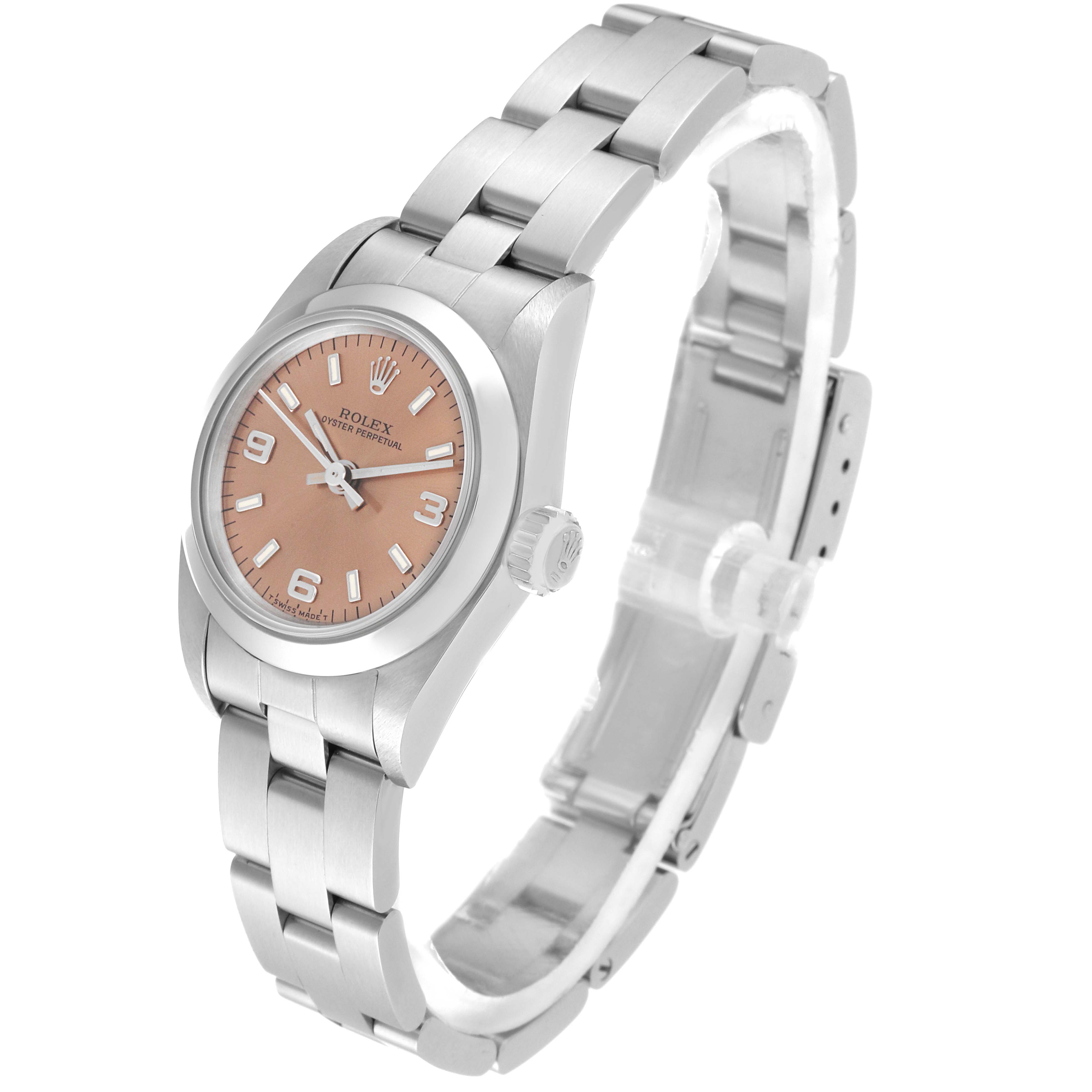 The image shows a side angle of a Rolex Oyster Perpetual 67180 Women's Stainless Steel Pink Dial 67180 Women's Stainless Steel Pink Dial watch, displaying its dial, crown, and stainless steel bracelet.