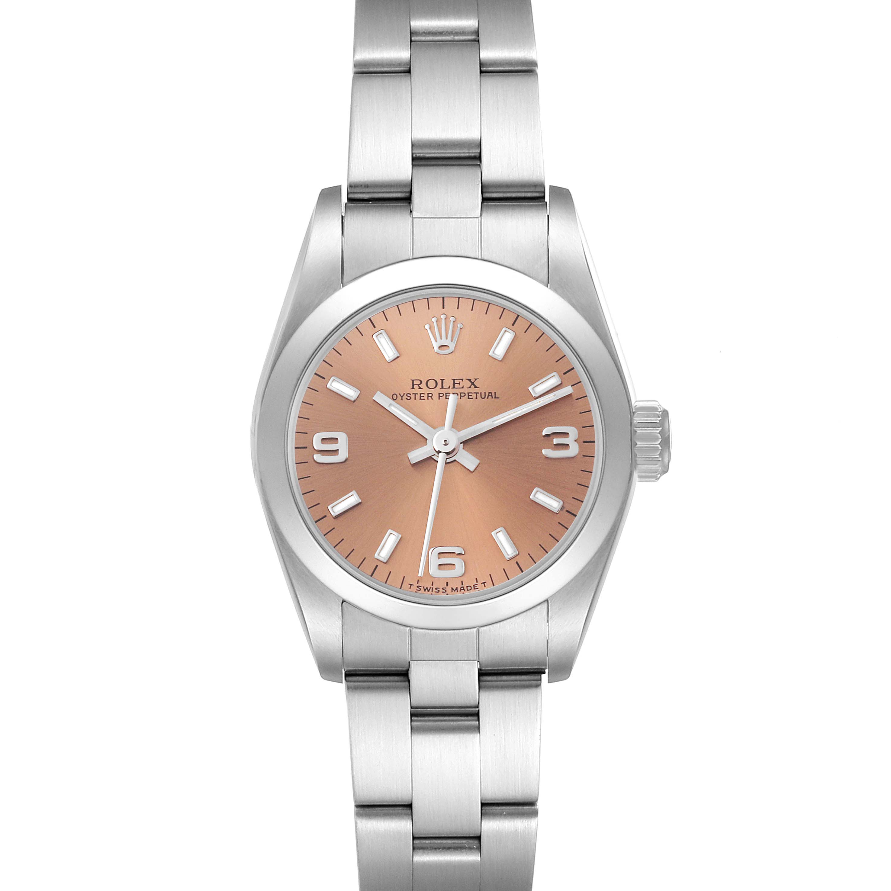 This image shows a front view of a Rolex Oyster Perpetual 67180 Women's Stainless Steel Pink Dial 67180 Women's Stainless Steel Pink Dial watch, highlighting the face, bezel, and bracelet.