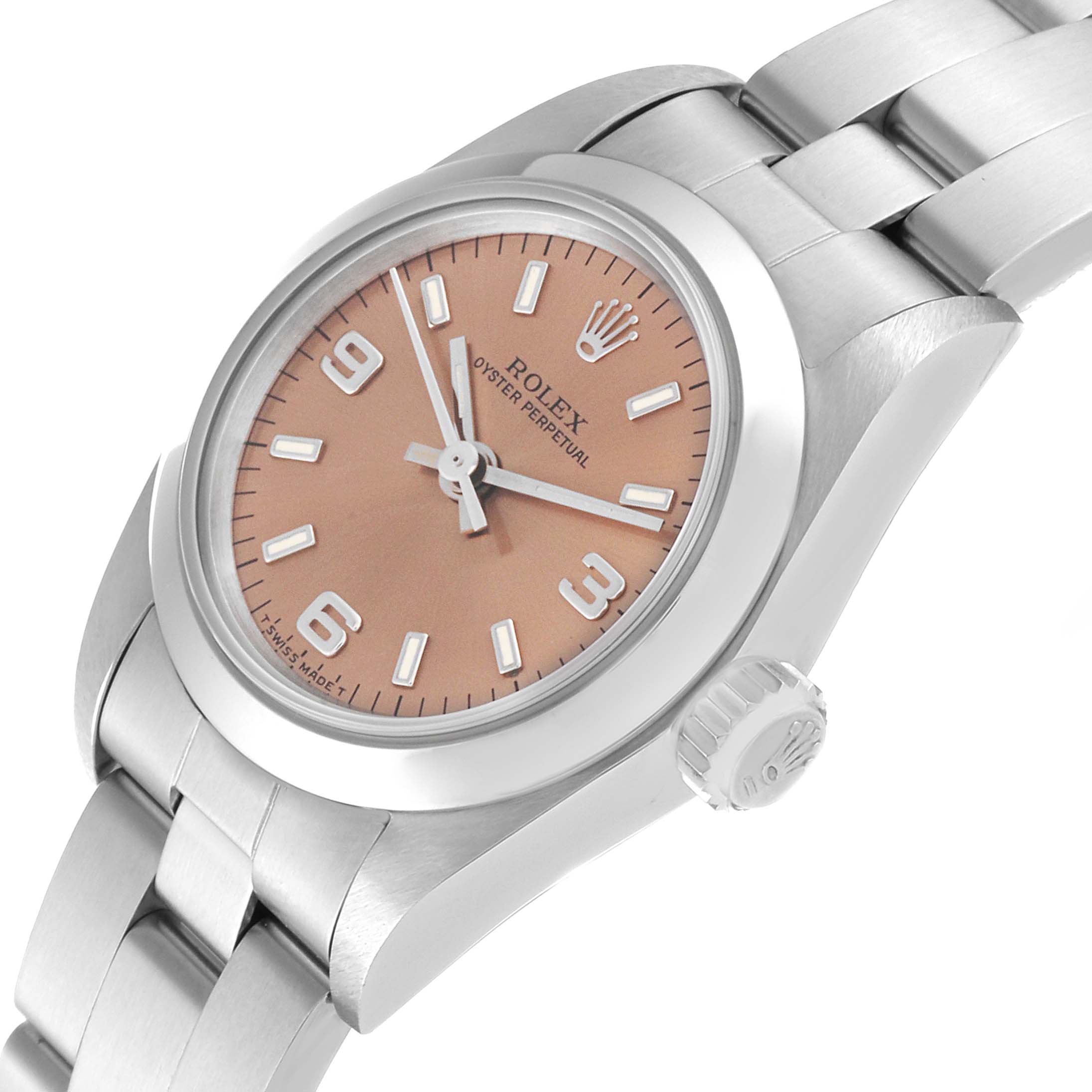 The Rolex Oyster Perpetual 67180 Women's Stainless Steel Pink Dial 67180 Women's Stainless Steel Pink Dial watch is shown at a slight angle, highlighting the pink dial, case, crown, and metal bracelet.