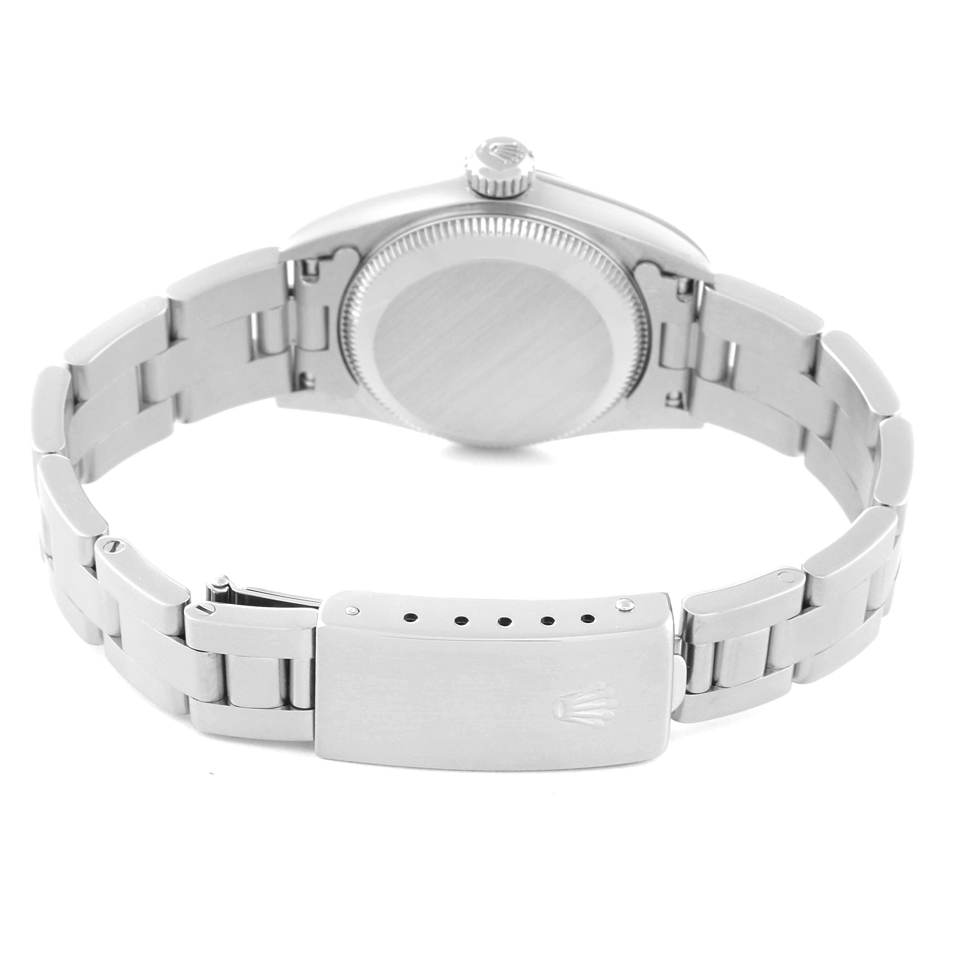 This image shows the back case and bracelet of a Rolex Oyster Perpetual 67180 Women's Stainless Steel Pink Dial 67180 Women's Stainless Steel Pink Dial watch with the clasp open.