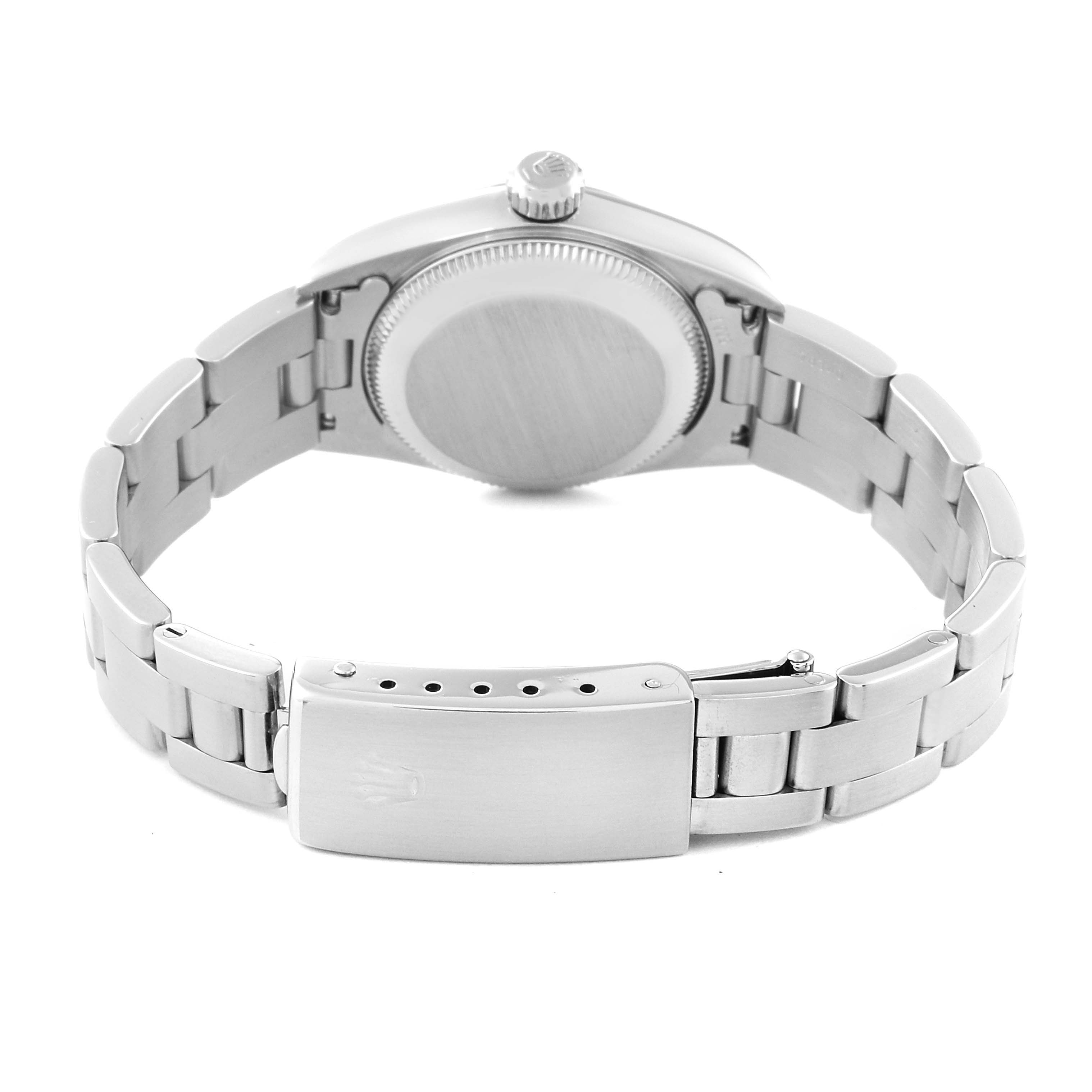 This image shows the backside and clasp of a Rolex Oyster Perpetual 67180 Women's Stainless Steel Black Dial 67180 Women's Stainless Steel Black Dial watch.