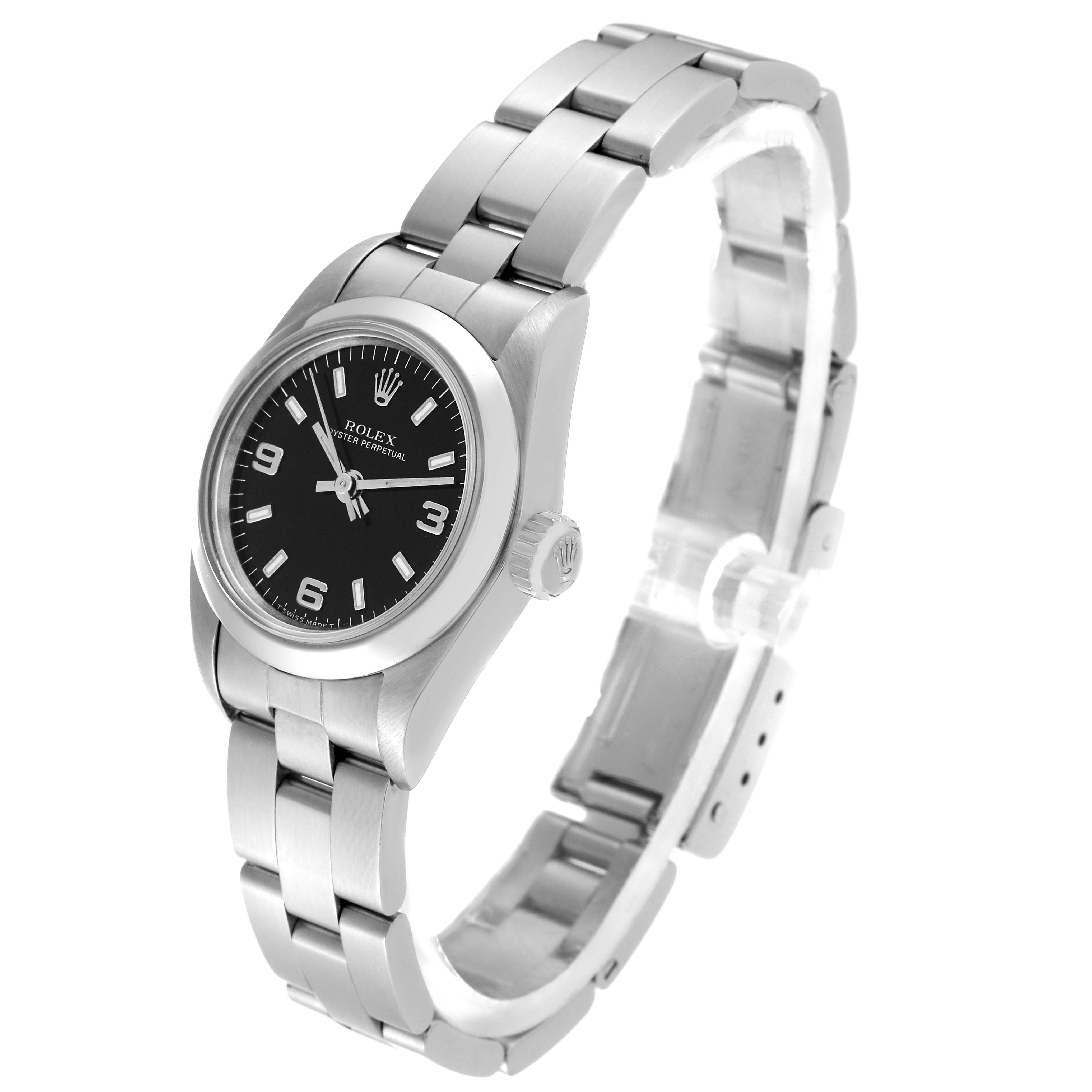The image shows a Rolex Oyster Perpetual 67180 Women's Stainless Steel Black Dial 67180 Women's Stainless Steel Black Dial watch from a slight side angle, highlighting its bracelet, bezel, and dial.