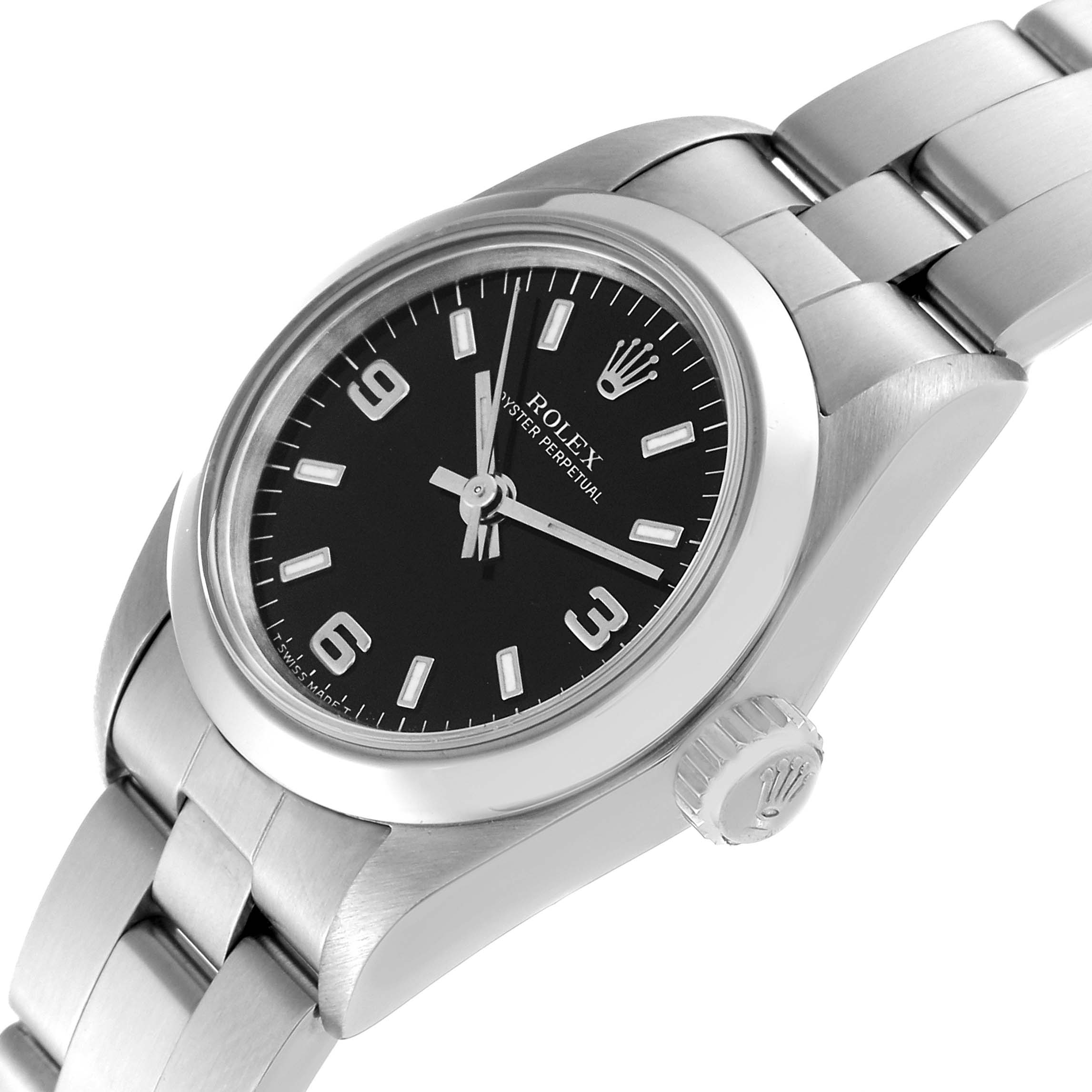 The image shows a Rolex Oyster Perpetual 67180 Women's Stainless Steel Black Dial 67180 Women's Stainless Steel Black Dial watch at an angled close-up, highlighting the face, bracelet, and crown.