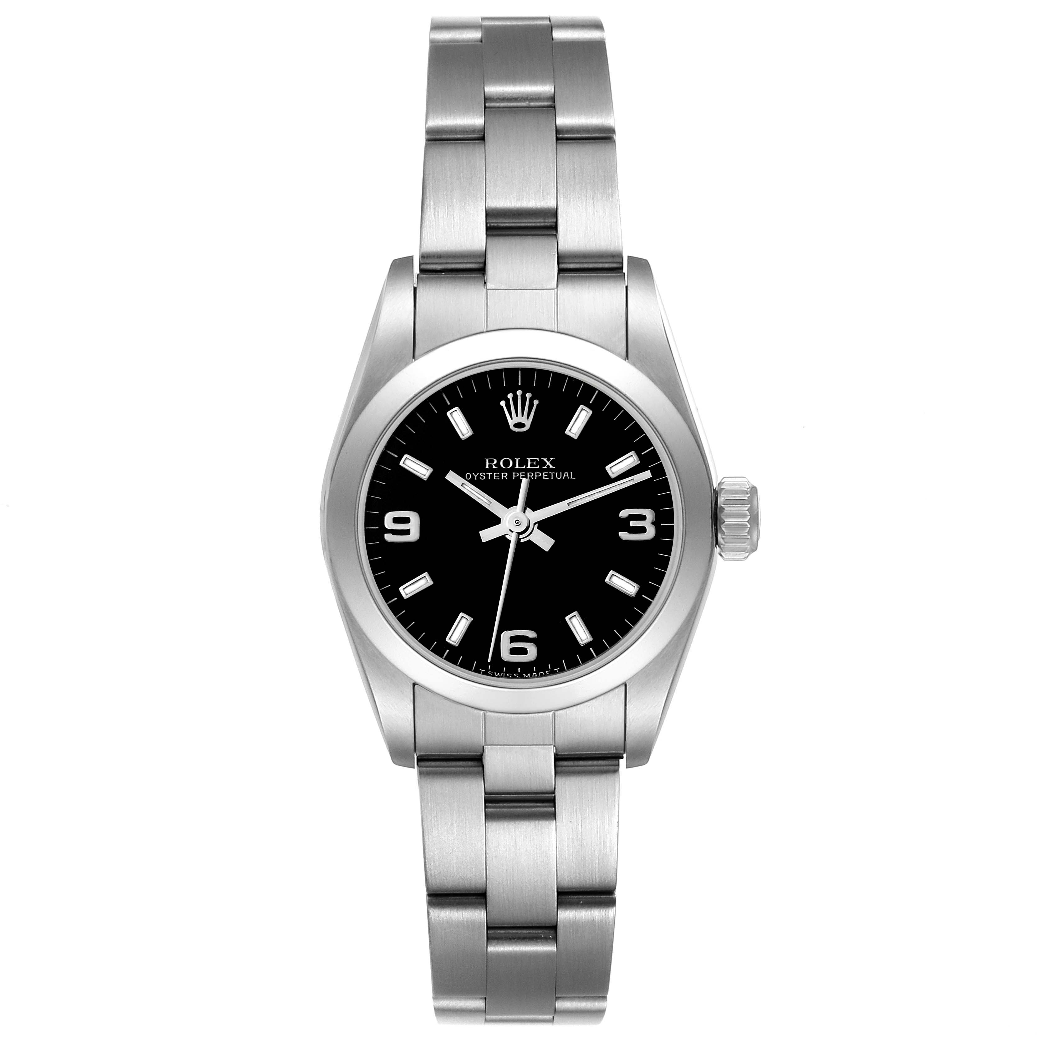 This image shows a front view of the Rolex Oyster Perpetual 67180 Women's Stainless Steel Black Dial 67180 Women's Stainless Steel Black Dial watch, displaying its face, bezel, crown, and bracelet.