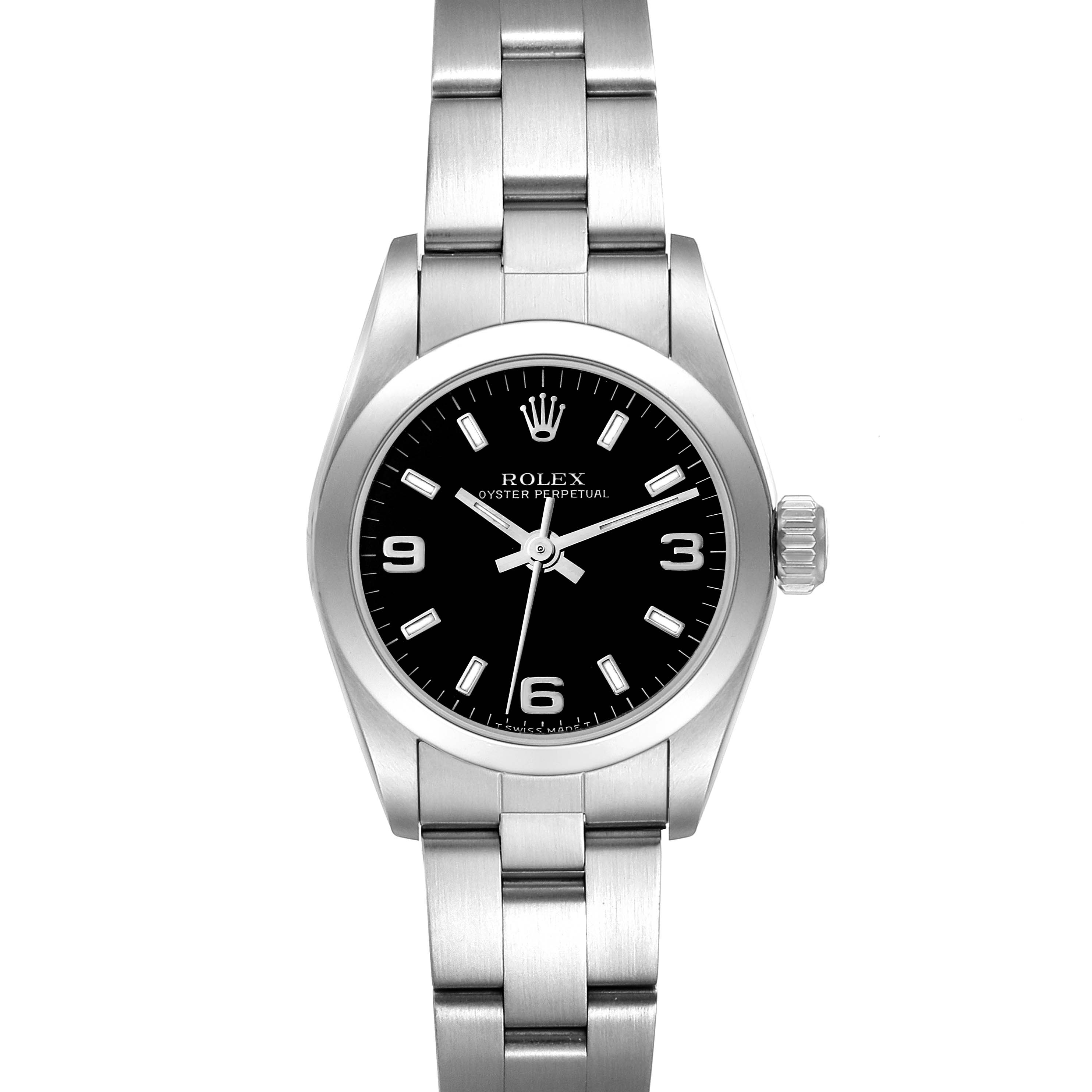 The image shows a front view of a Rolex Oyster Perpetual 67180 Women's Stainless Steel Black Dial 67180 Women's Stainless Steel Black Dial watch, displaying its black dial and stainless steel bracelet.