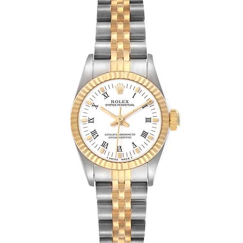 The Rolex Oyster Perpetual 67193 Women's Stainless Steel White Dial watch is shown from a top-down angle, displaying the face, bezel, crown, and two-tone bracelet.