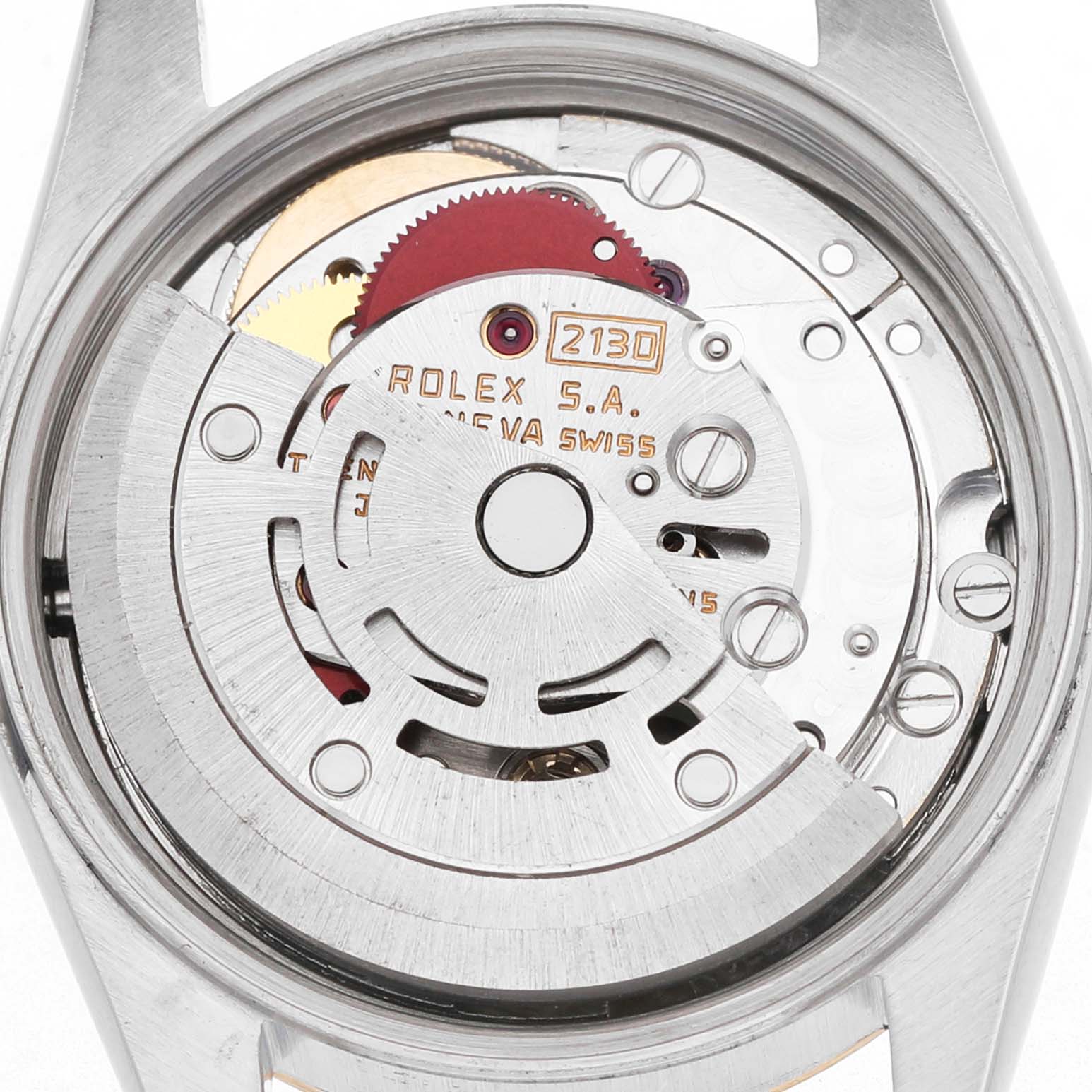 The image shows the movement and internal mechanism of a Rolex Oyster Perpetual 67193 Women's Stainless Steel White Dial watch from a back view.