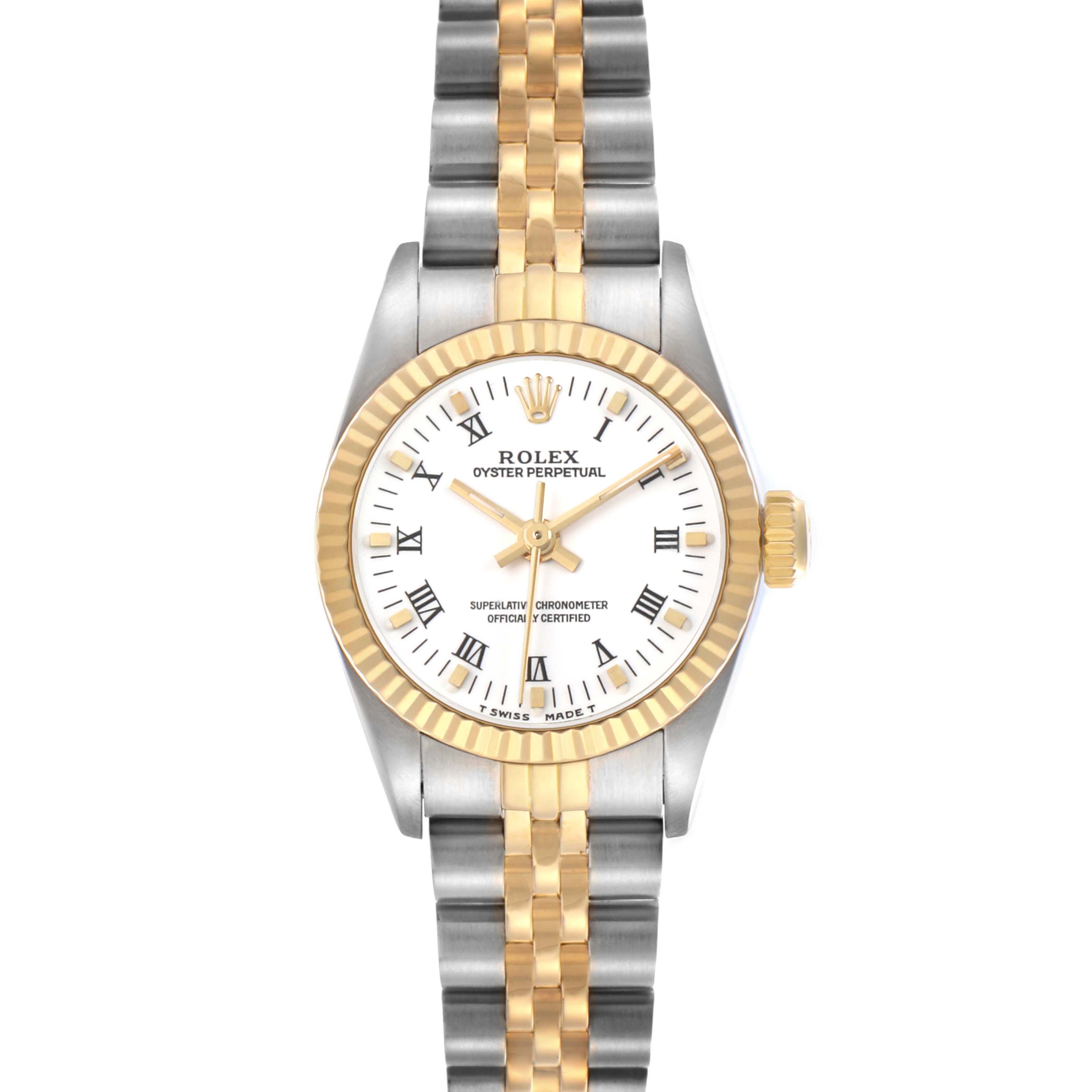 The Rolex Oyster Perpetual 67193 Women's Stainless Steel White Dial watch is shown from a top-down angle, highlighting the dial, bezel, and bracelet.