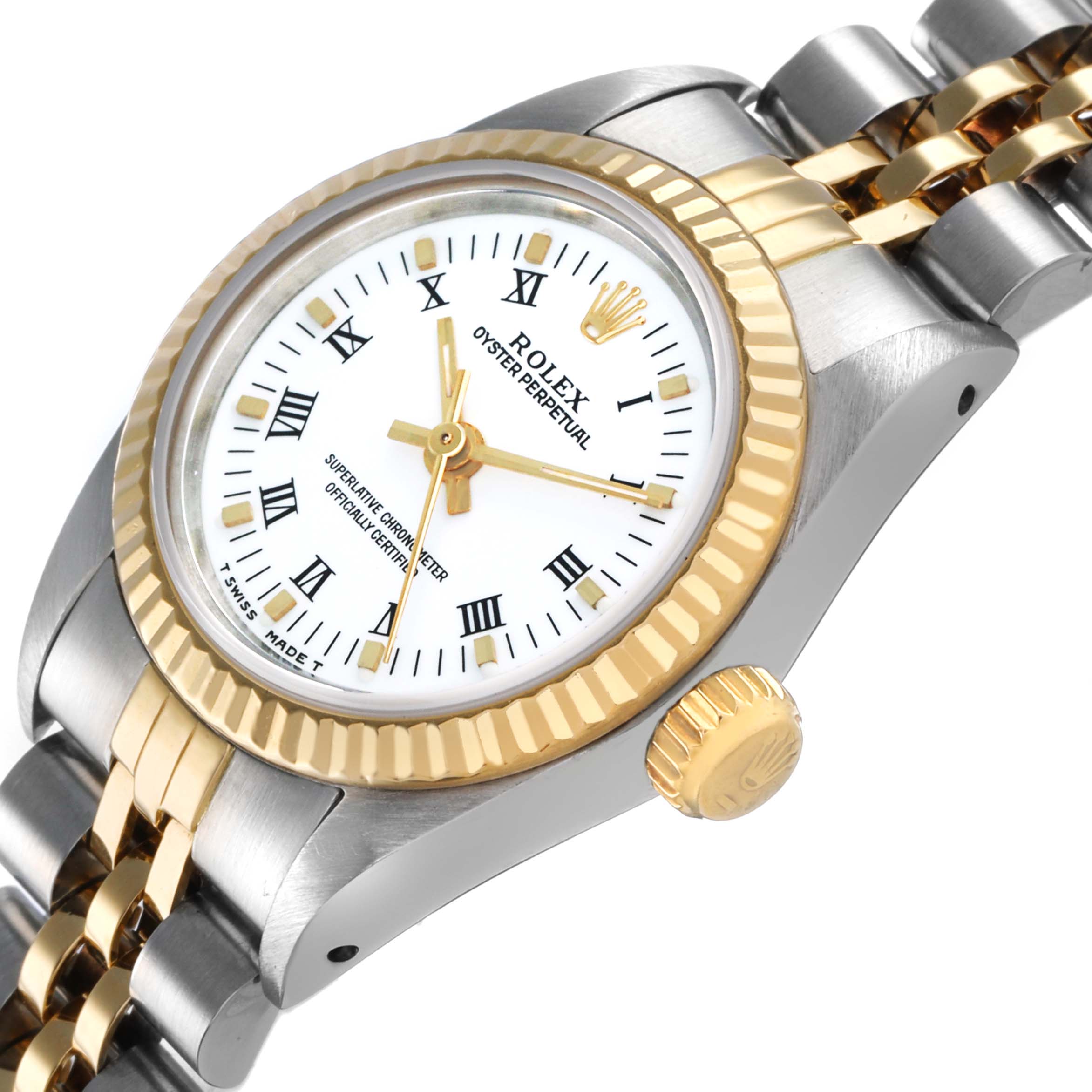 The Rolex Oyster Perpetual 67193 Women's Stainless Steel White Dial watch is shown at a slight angle, highlighting its gold bezel, crown, and two-tone bracelet.