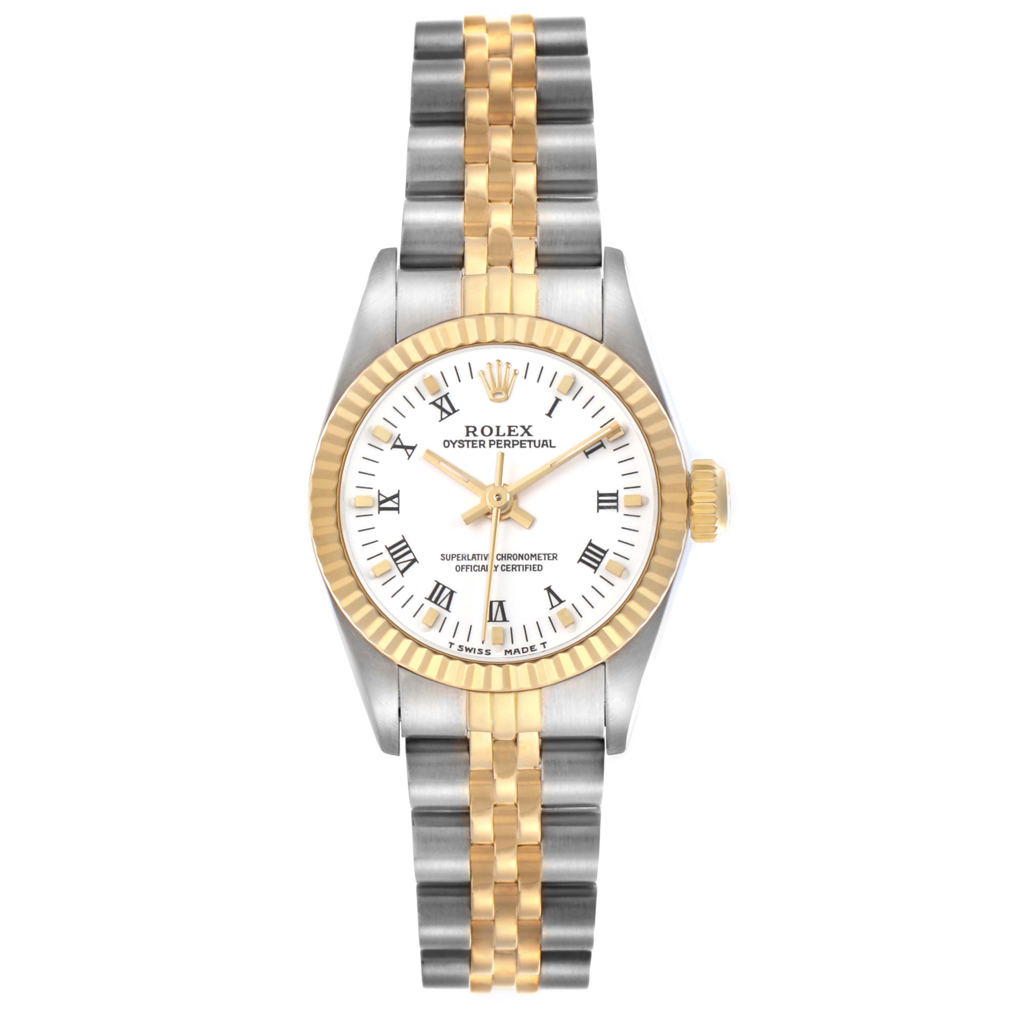 The Rolex Oyster Perpetual 67193 Women's Stainless Steel White Dial watch is shown from a front angle, displaying its dial, bezel, and two-tone bracelet.