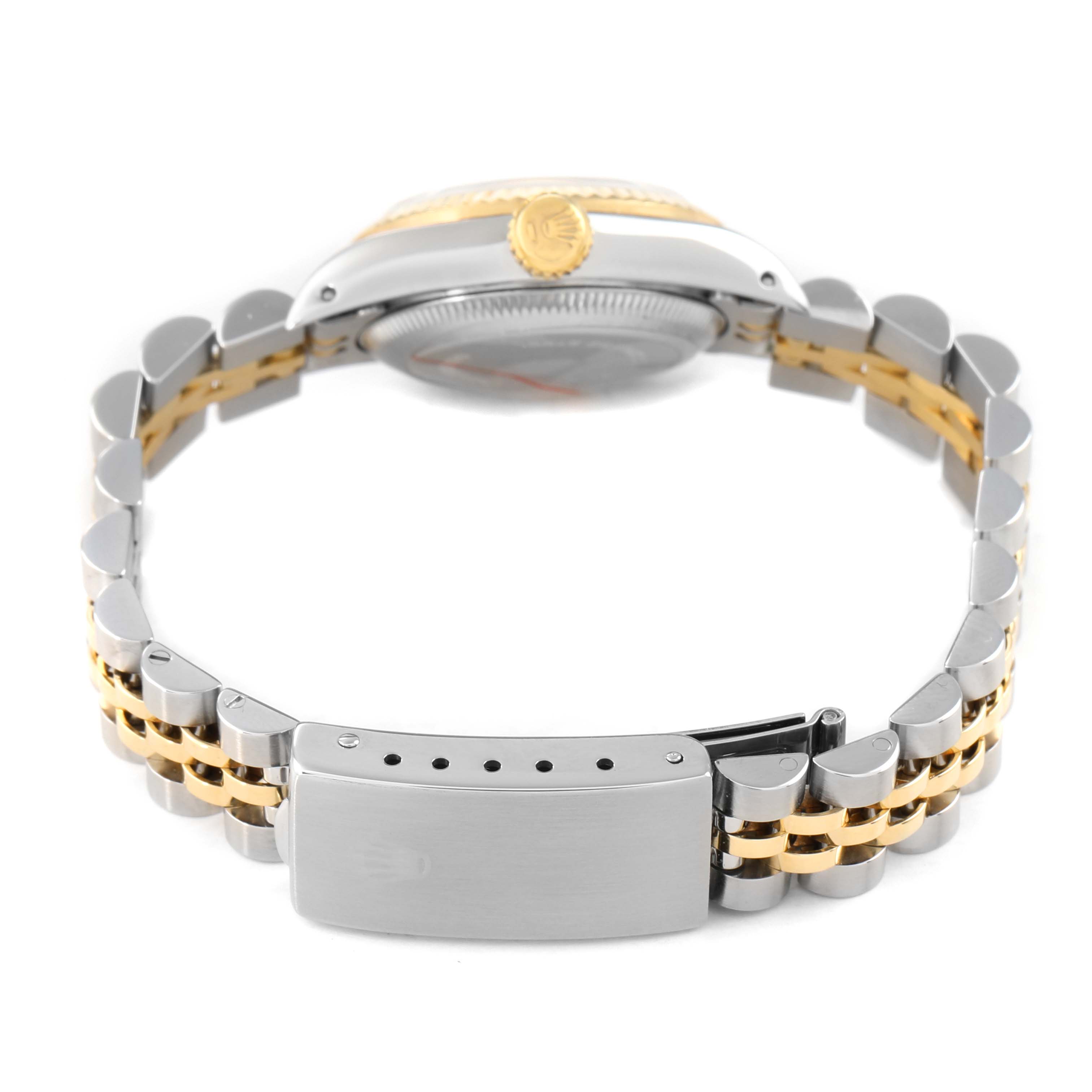 The Rolex Oyster Perpetual 67193 Women's Stainless Steel White Dial watch is shown from the side, displaying the bracelet and clasp with gold and silver accents.