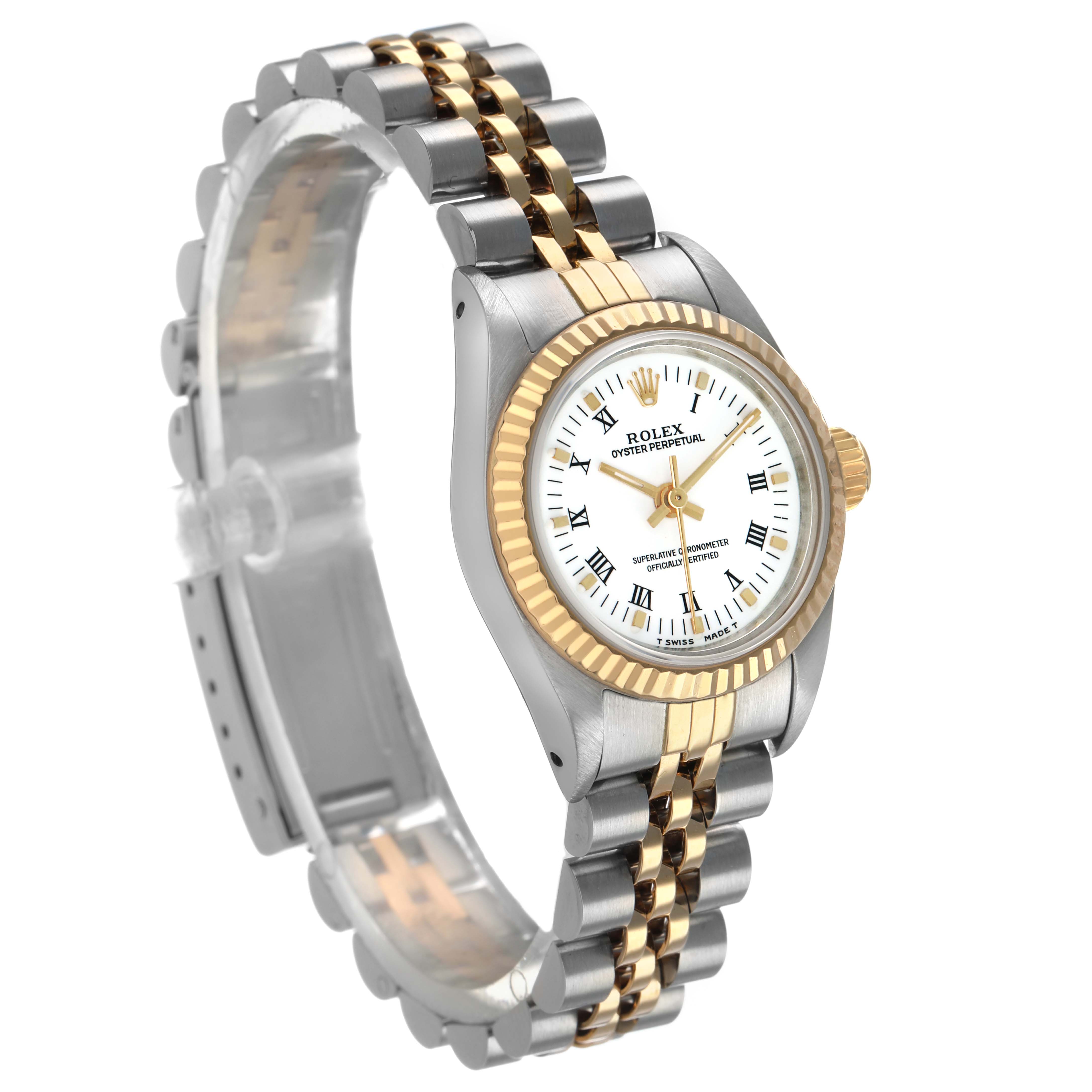 The Rolex Oyster Perpetual 67193 Women's Stainless Steel White Dial watch is shown at a three-quarter angle, highlighting the face, bezel, and the full bracelet.