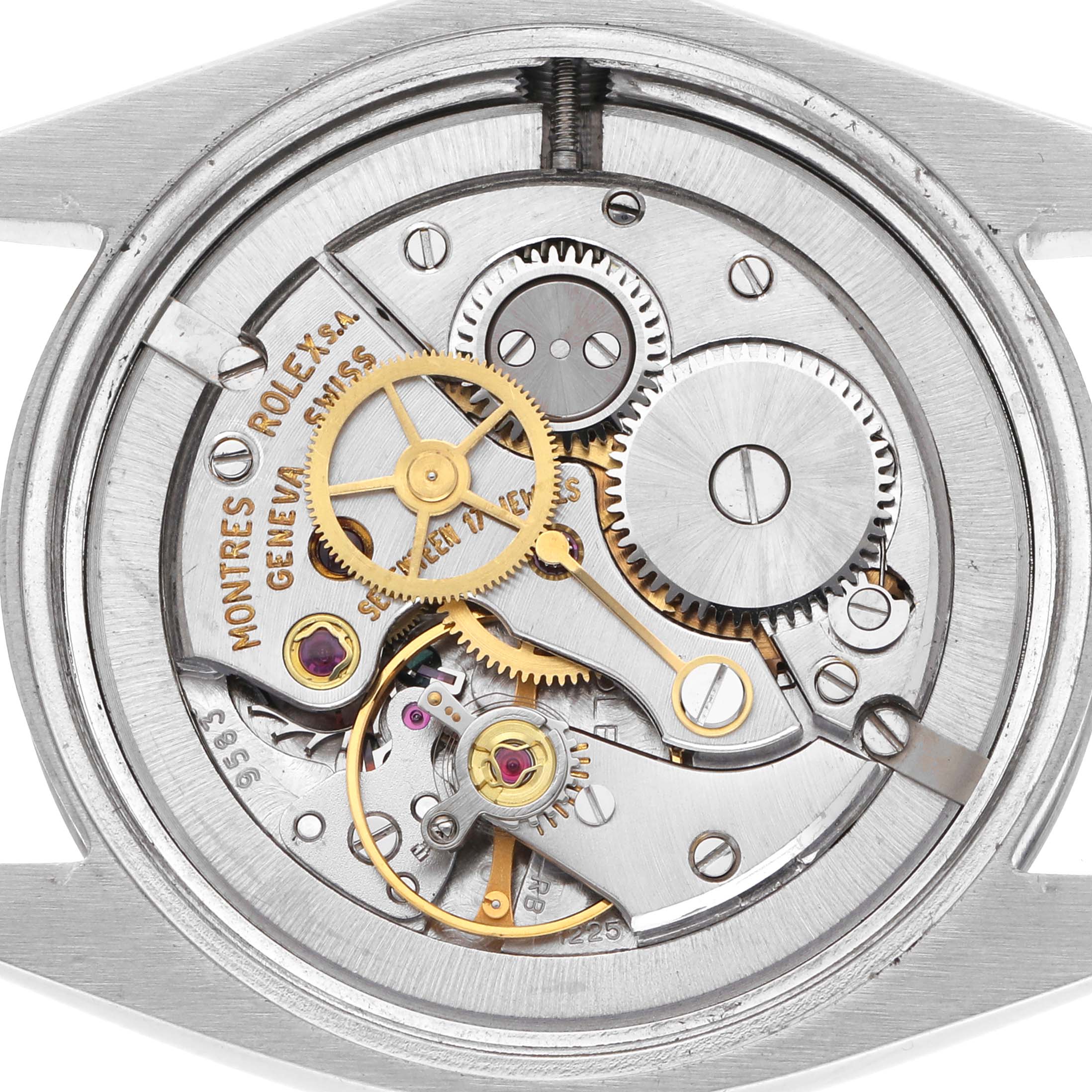 The image shows the internal mechanism of a Rolex Vintage Collection 6426 Men's Stainless Steel Silver Dial 6426 Men's Stainless Steel Silver Dial watch from a top-down angle, highlighting gears and movements.