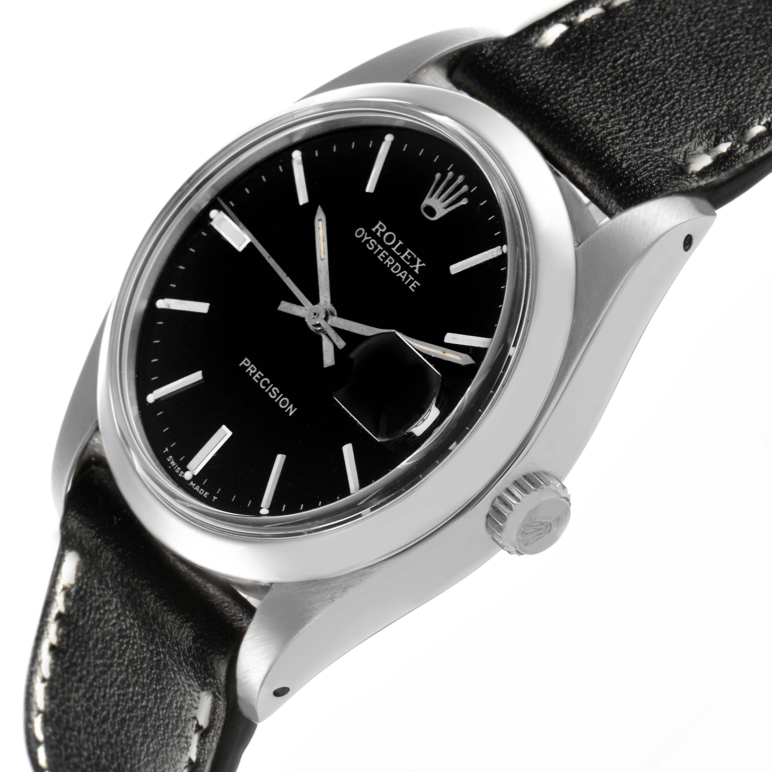 The Rolex Date 6694 Men's Stainless Steel Black Dial 6694 Men's Stainless Steel Black Dial model watch is shown at a slight side angle, highlighting the black dial, crown, and part of the leather strap.