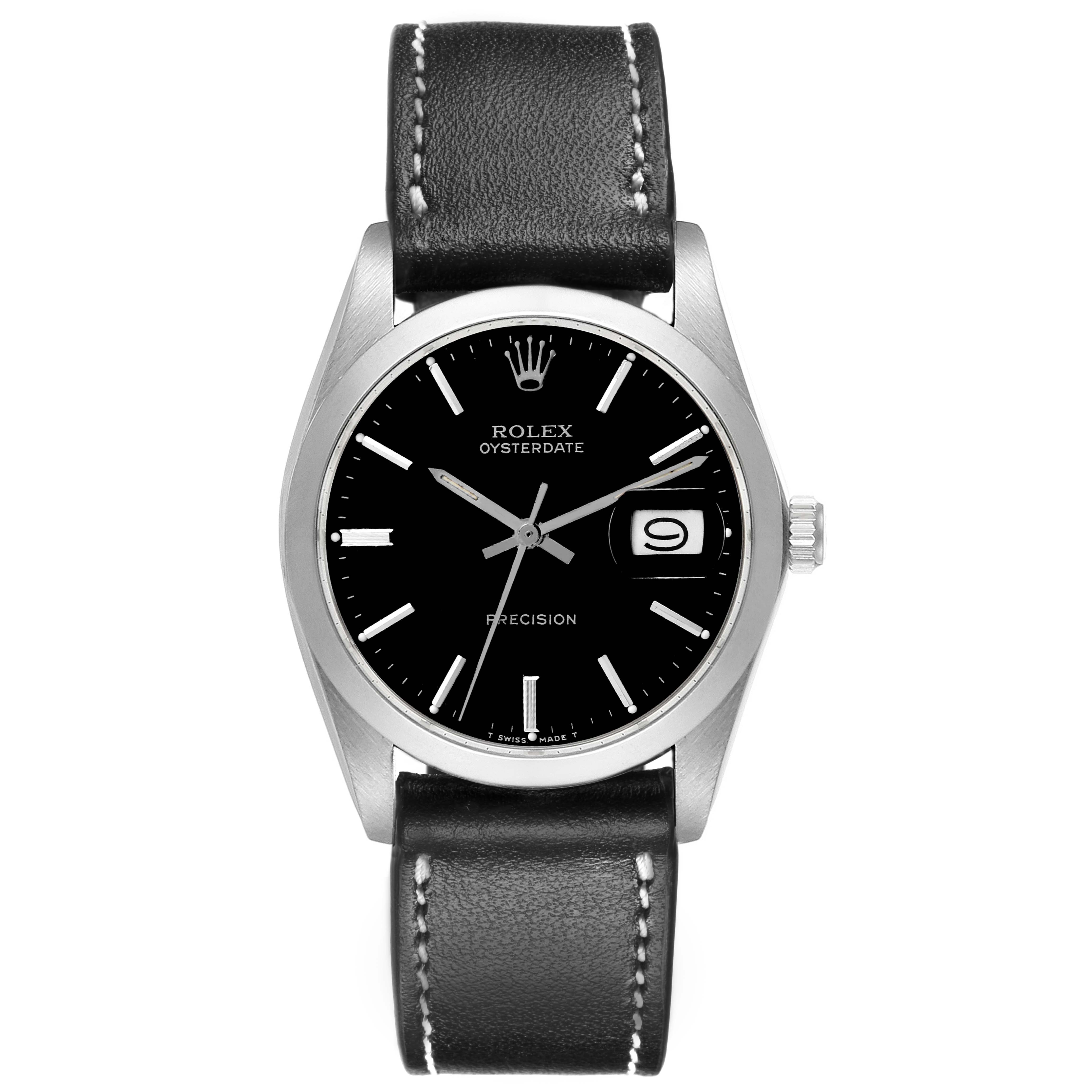The image shows a front view of a Rolex Date 6694 Men's Stainless Steel Black Dial 6694 Men's Stainless Steel Black Dial watch, displaying the dial, hands, date window, and black leather strap.