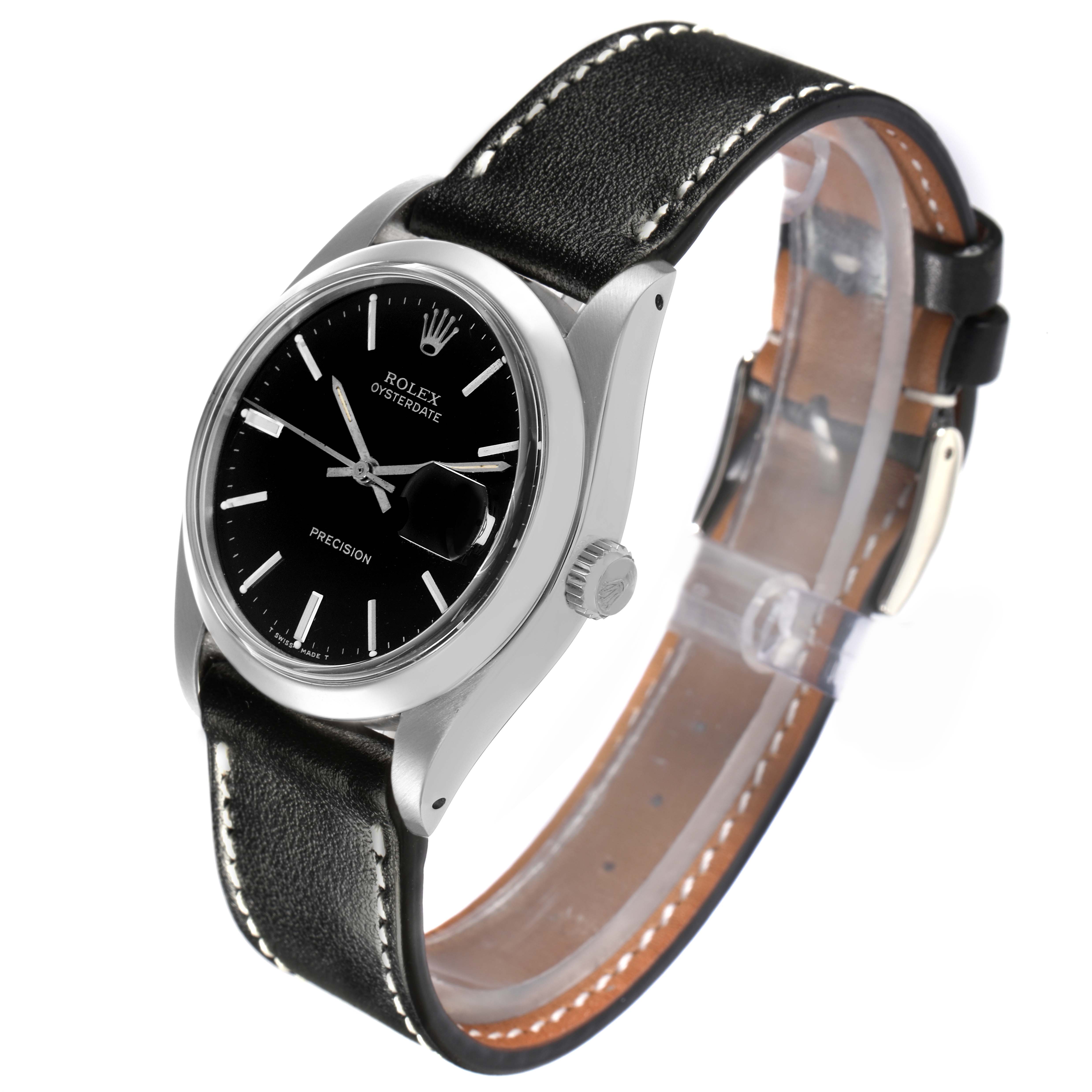 The Rolex Date 6694 Men's Stainless Steel Black Dial 6694 Men's Stainless Steel Black Dial watch is shown at a slight angle, displaying the dial, crown, and leather strap.