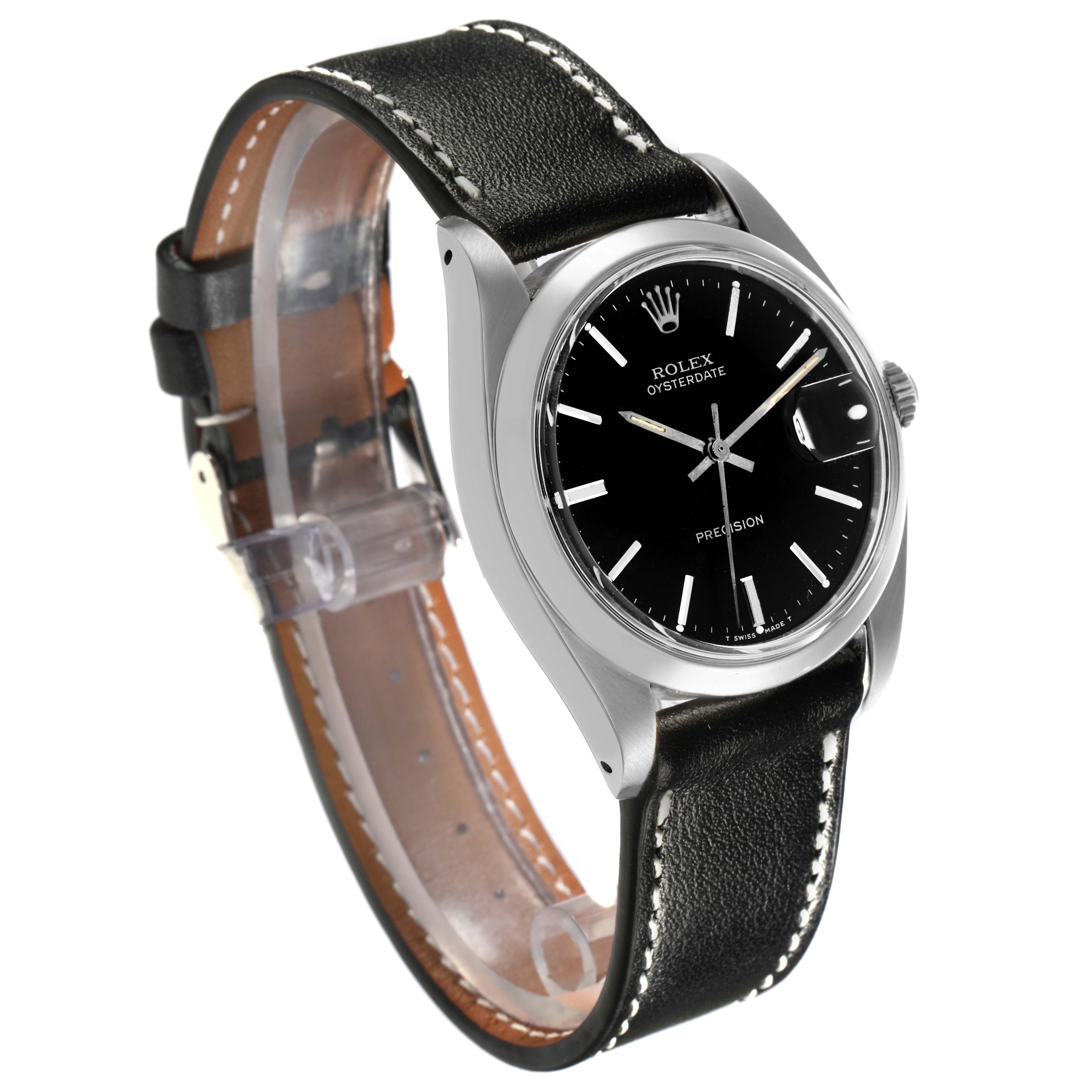 The Rolex Date 6694 Men's Stainless Steel Black Dial 6694 Men's Stainless Steel Black Dial model watch is shown at a slight angle, featuring the face, bezel, case, crown, and leather strap.