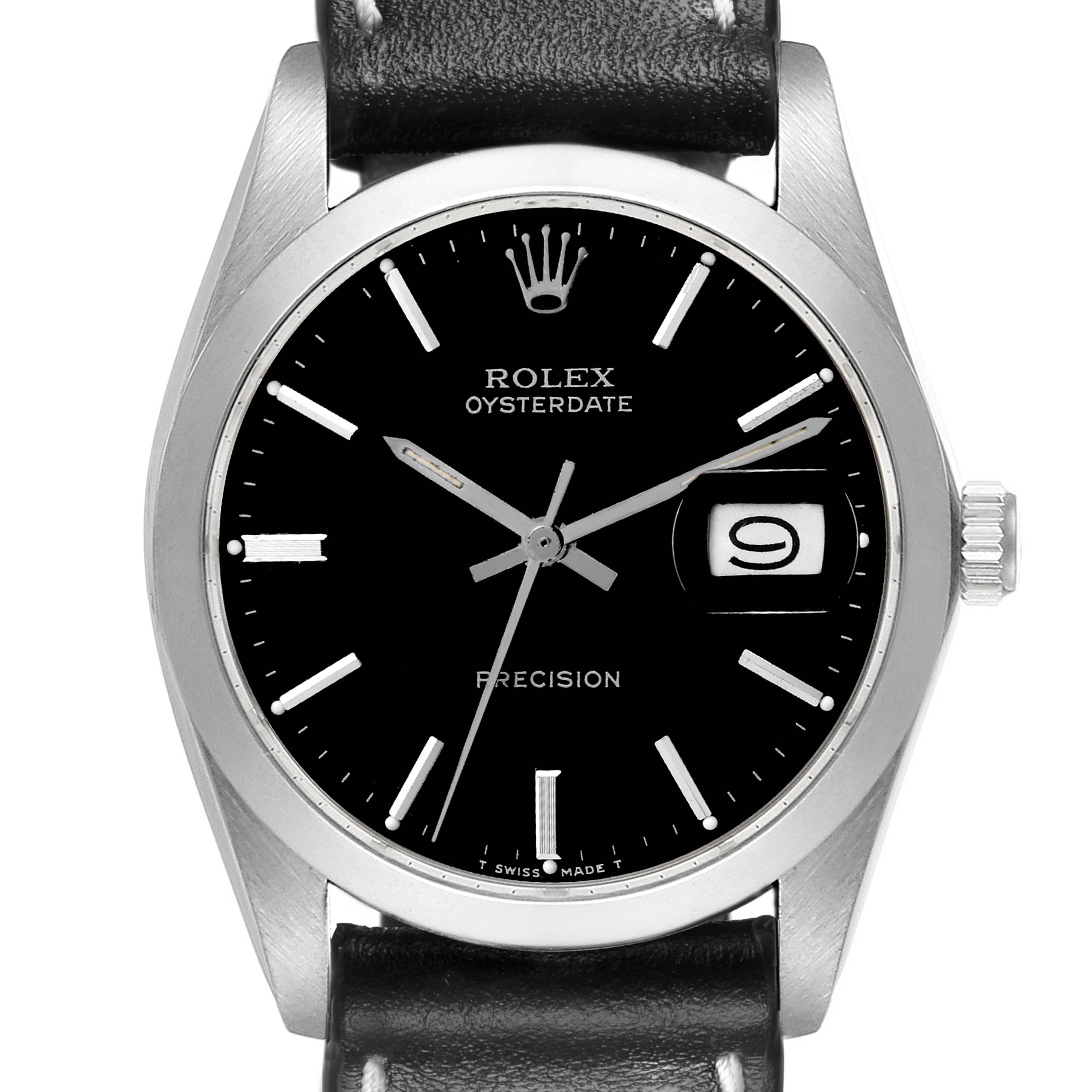 The Rolex Date 6694 Men's Stainless Steel Black Dial 6694 Men's Stainless Steel Black Dial watch is shown from a top-down angle, highlighting the black dial, hour markers, date window, and the crown on the side.