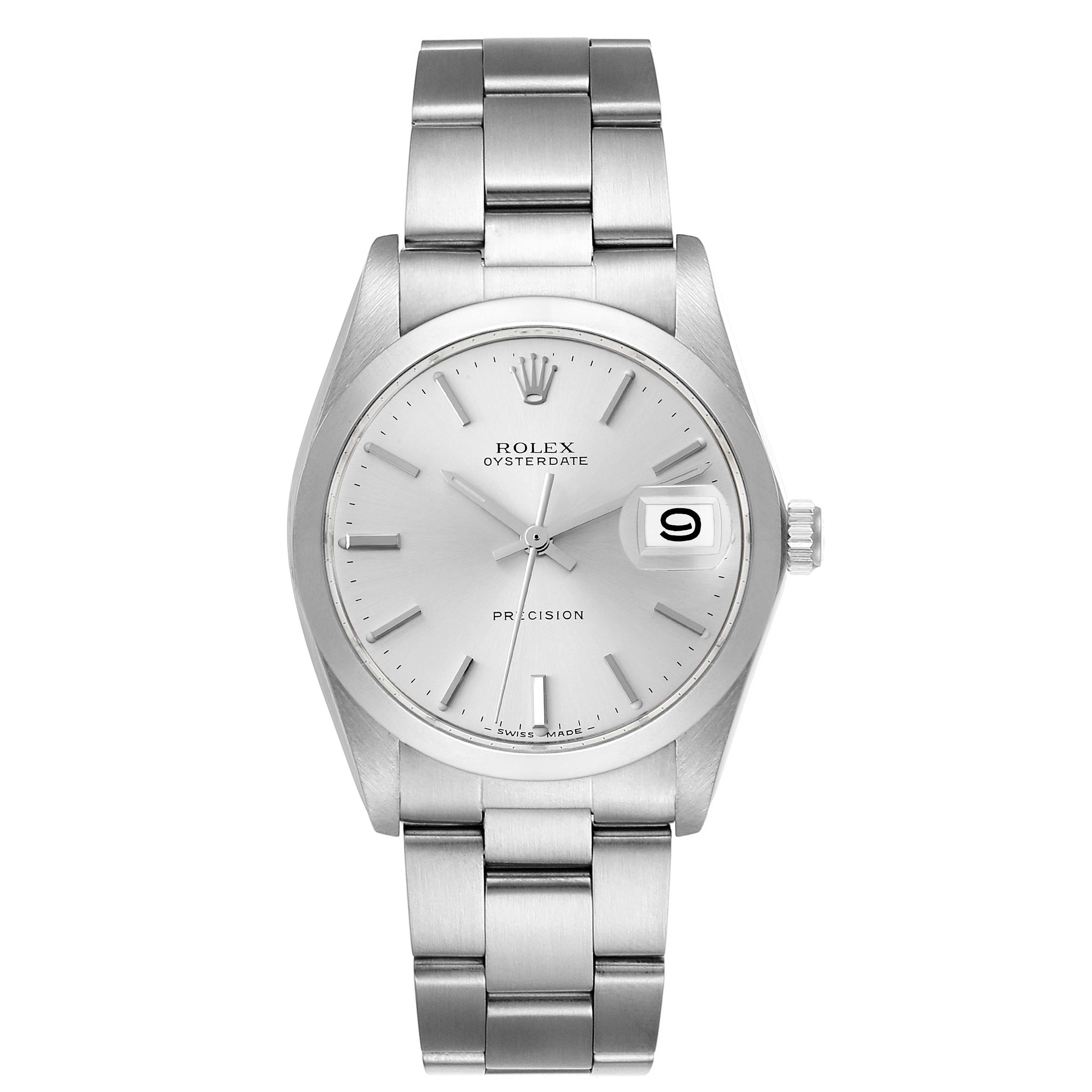 This image showcases a front view of the Rolex Vintage Collection 6694 Men
s Stainless Steel Silver Dial 6694 Men
s Stainless Steel Silver Dial Oysterdate watch, highlighting the dial, bracelet, and date window.