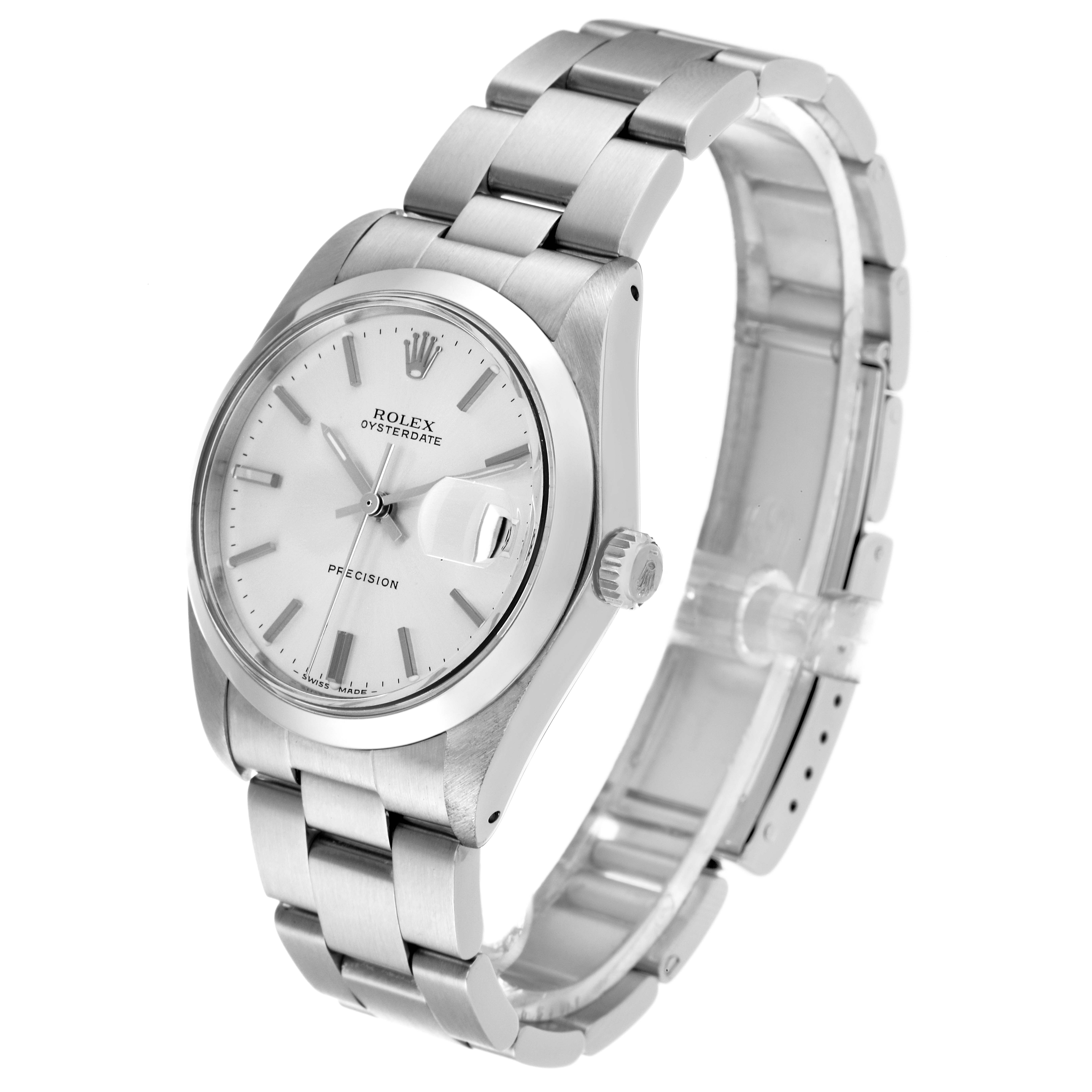 The image shows a side view of the Rolex Vintage Collection 6694 Men
s Stainless Steel Silver Dial 6694 Men
s Stainless Steel Silver Dial Oysterdate watch, highlighting its bracelet, dial, and crown.