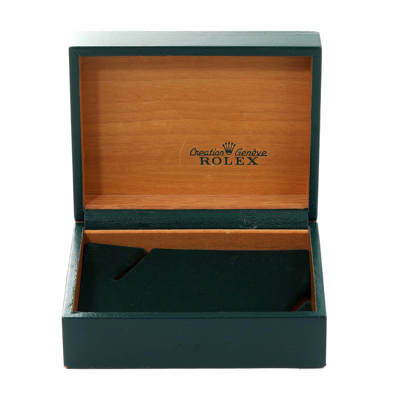 The image shows an open Rolex watch box from the Vintage Collection, displaying its inner wooden lining and green velvet interior.
