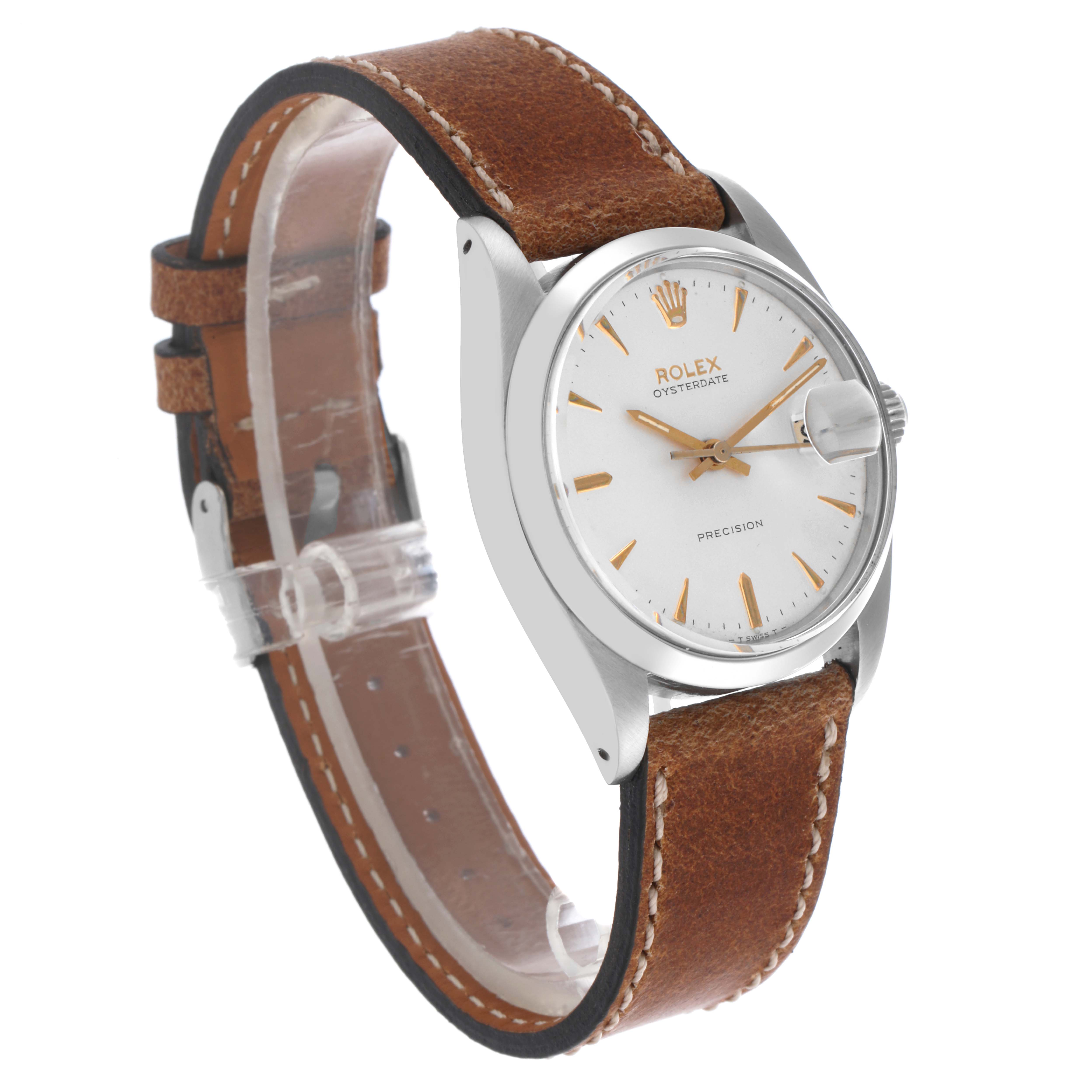 The Rolex Date 6694 Men's Stainless Steel Silver Dial 6694 Men's Stainless Steel Silver Dial model is shown at a three-quarter angle, displaying the watch face, crown, case, and brown leather strap.