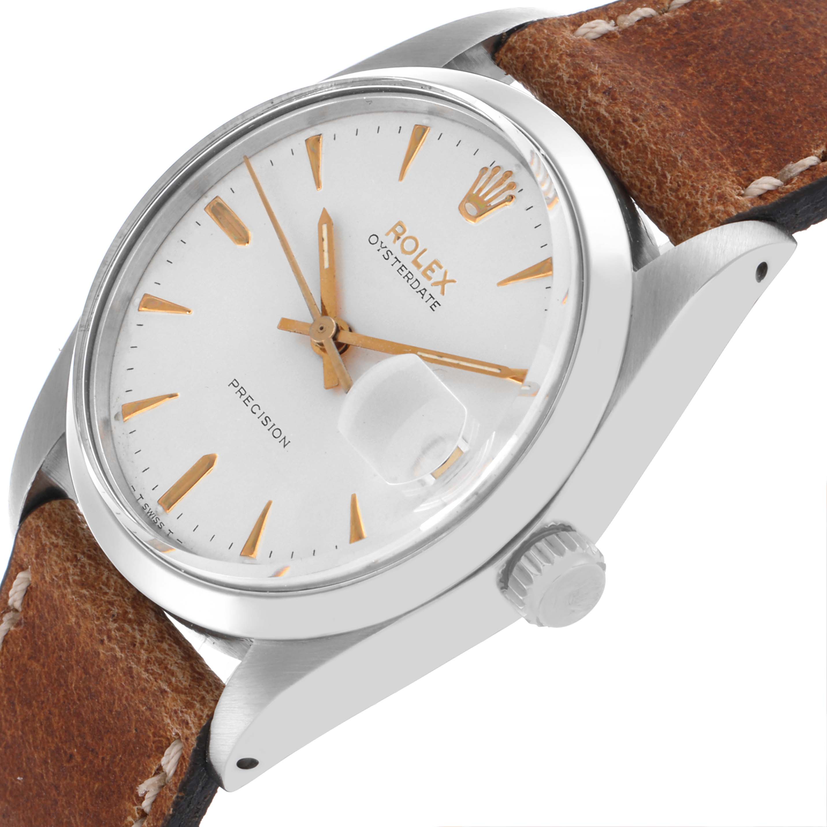 The Rolex Date 6694 Men's Stainless Steel Silver Dial 6694 Men's Stainless Steel Silver Dial model is shown at an angled side view highlighting the dial, crown, and leather strap.