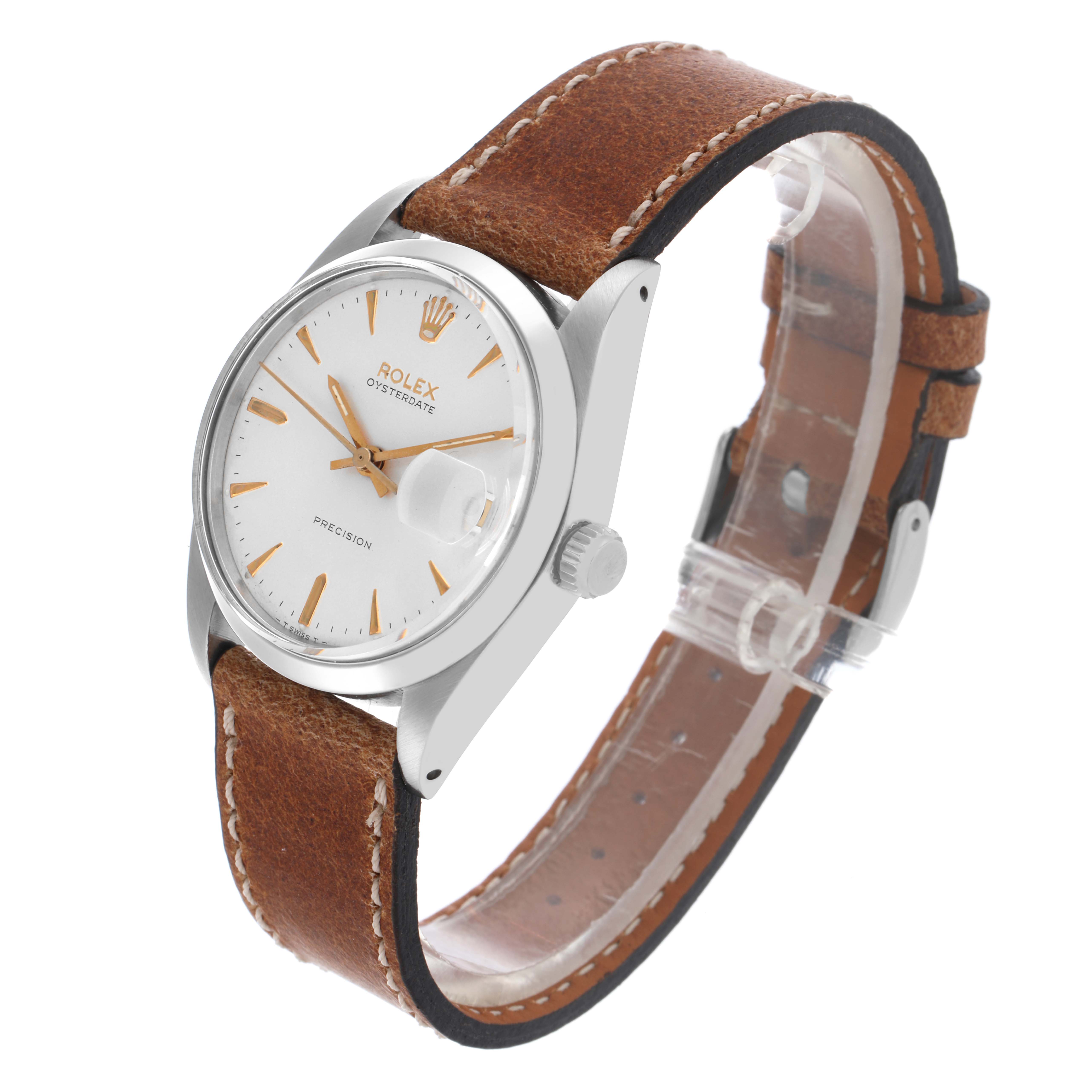 The Rolex Date 6694 Men's Stainless Steel Silver Dial 6694 Men's Stainless Steel Silver Dial model watch is shown at a three-quarter angle, highlighting its dial, case, crown, and leather strap.