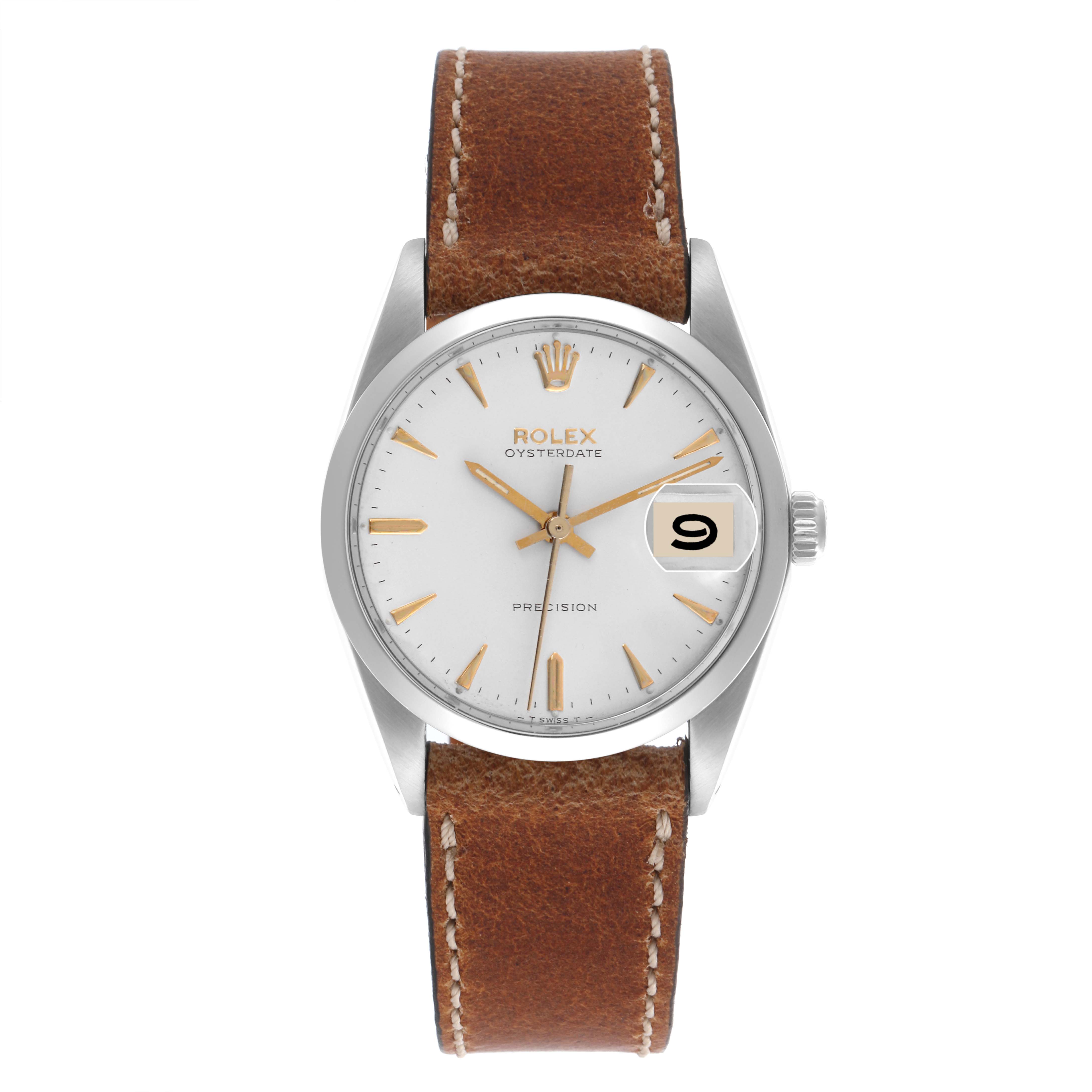 The image shows a Rolex Date 6694 Men's Stainless Steel Silver Dial 6694 Men's Stainless Steel Silver Dial model watch from a top-down angle, highlighting its face, case, and brown leather strap.