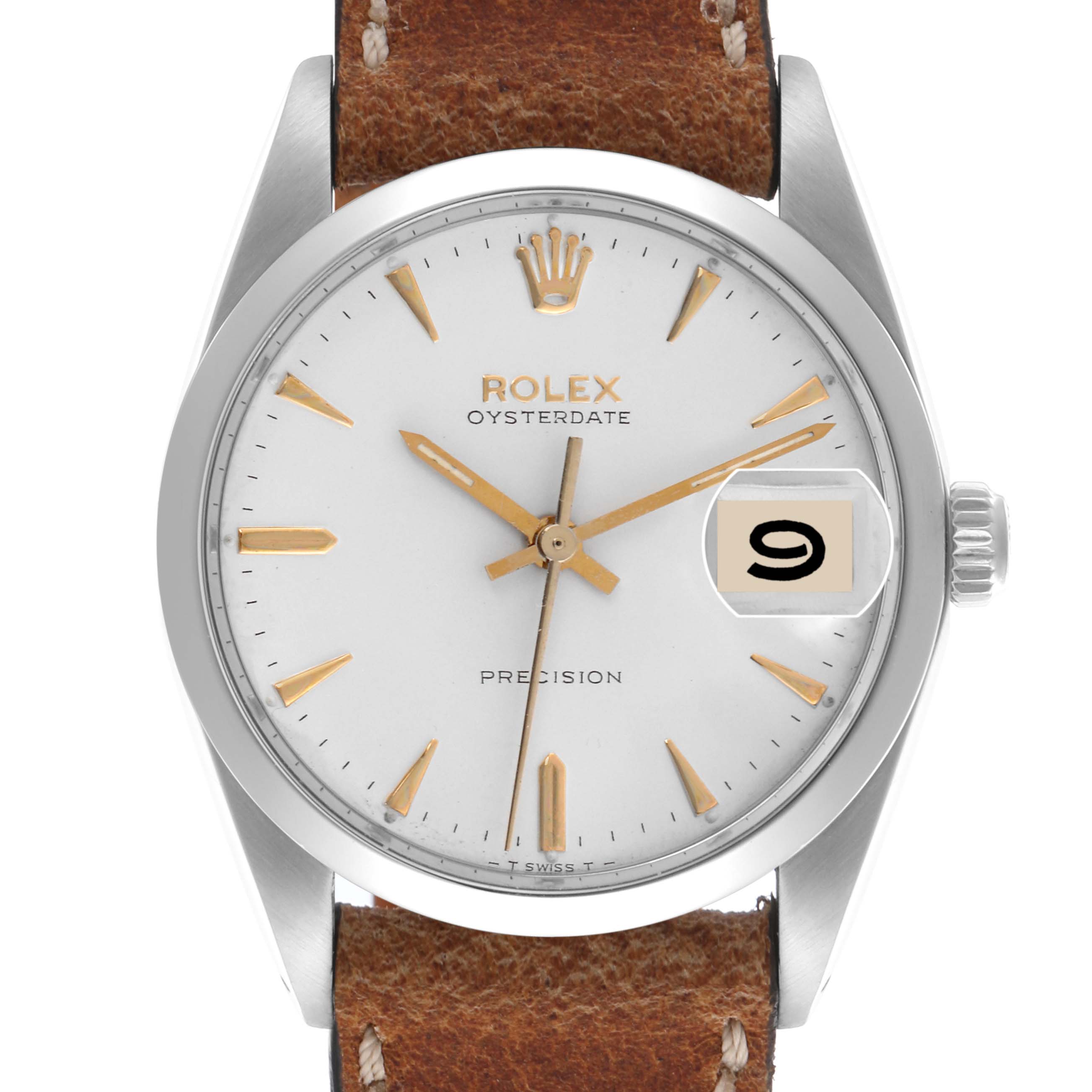 The Rolex Date 6694 Men's Stainless Steel Silver Dial 6694 Men's Stainless Steel Silver Dial watch is shown from the front, displaying the dial, hands, crown, and part of the leather strap.