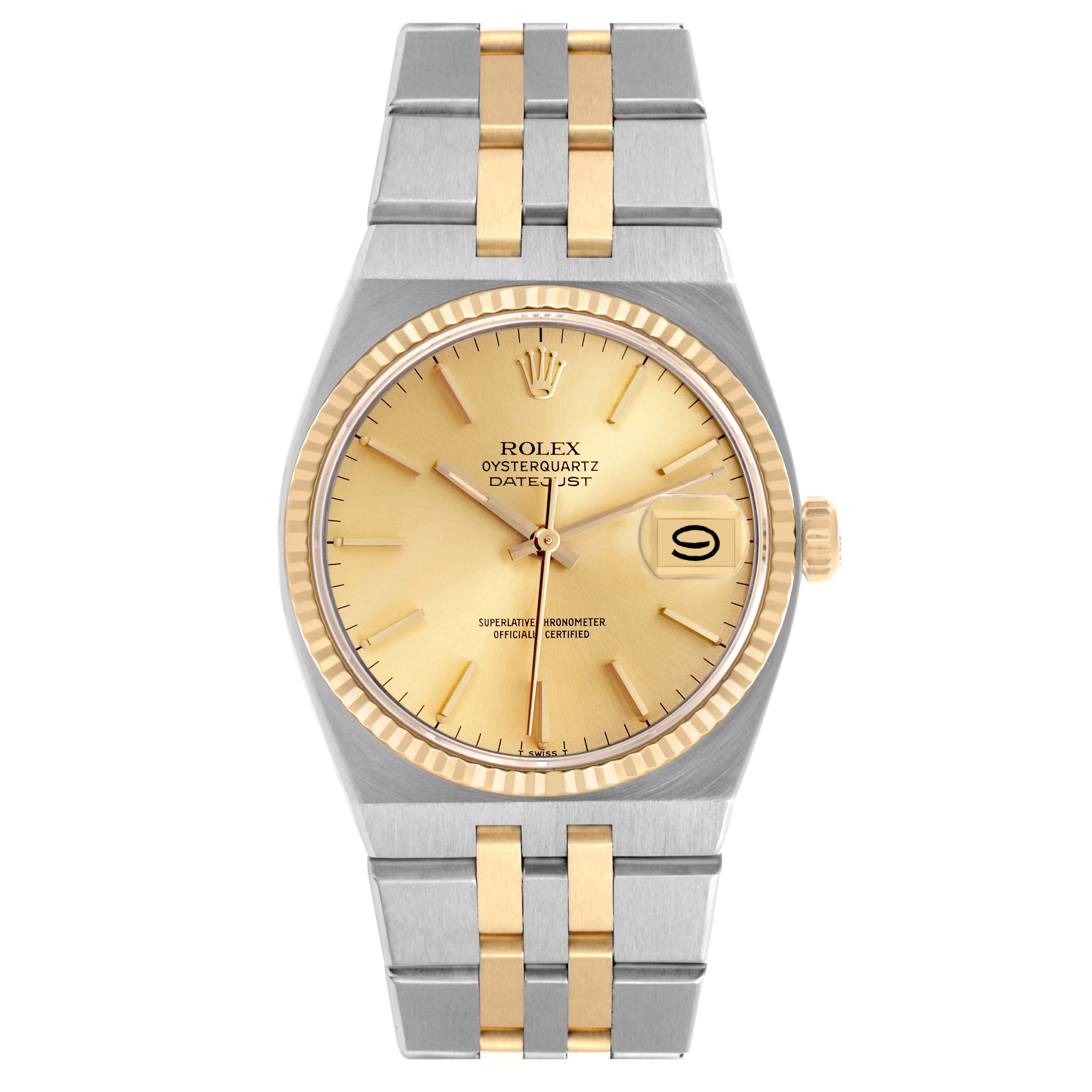 The image shows a front view of the Rolex Oysterquartz 17013 Men's Steel and Gold (two tone) Champagne Dial 17013 Men's Steel and Gold (two tone) Champagne Dial, highlighting the dial, bezel, crown, and integrated bracelet.
