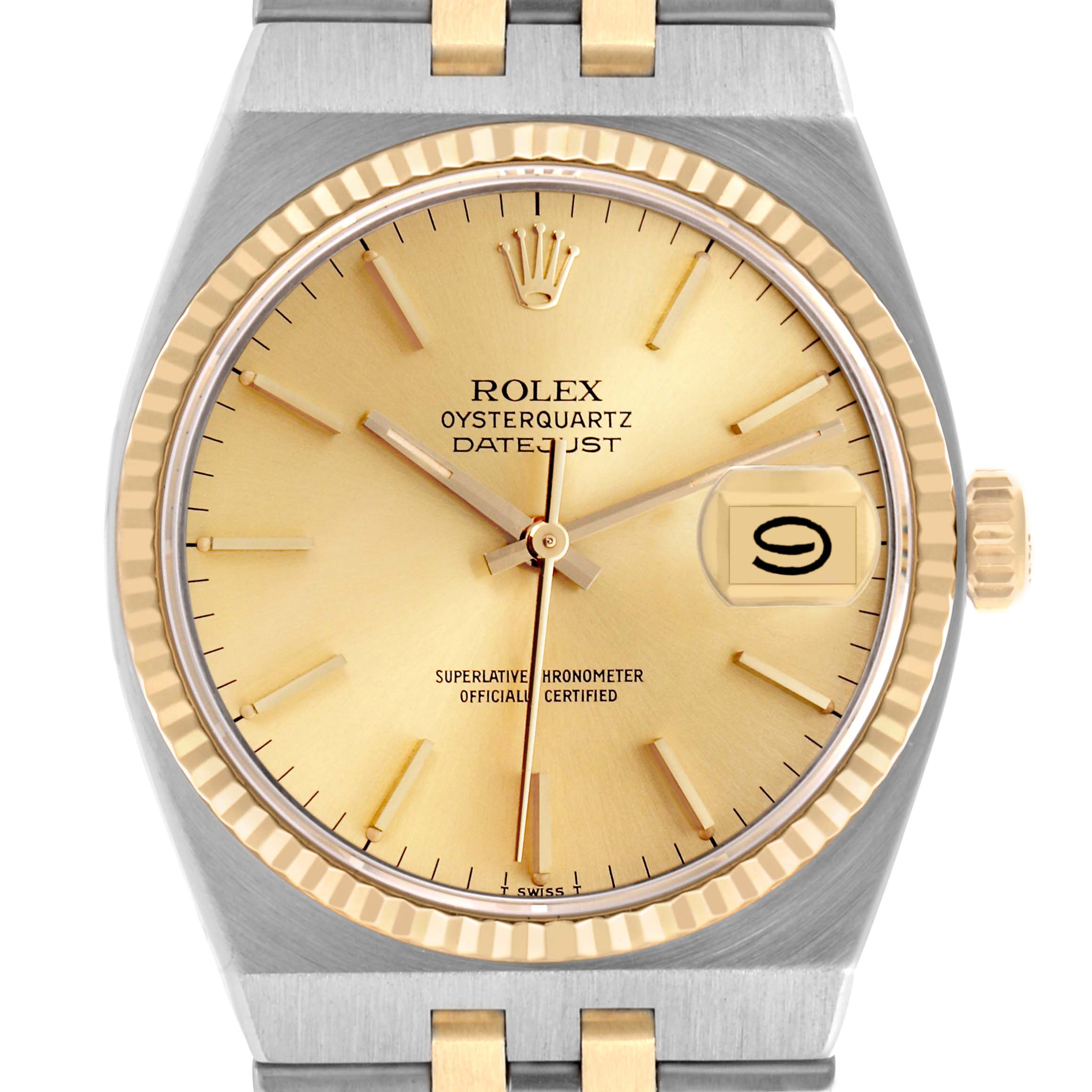 The Rolex Oysterquartz 17013 Men's Steel and Gold (two tone) Champagne Dial 17013 Men's Steel and Gold (two tone) Champagne Dial watch is shown from a front view, featuring its dial, bezel, crown, and part of the bracelet.