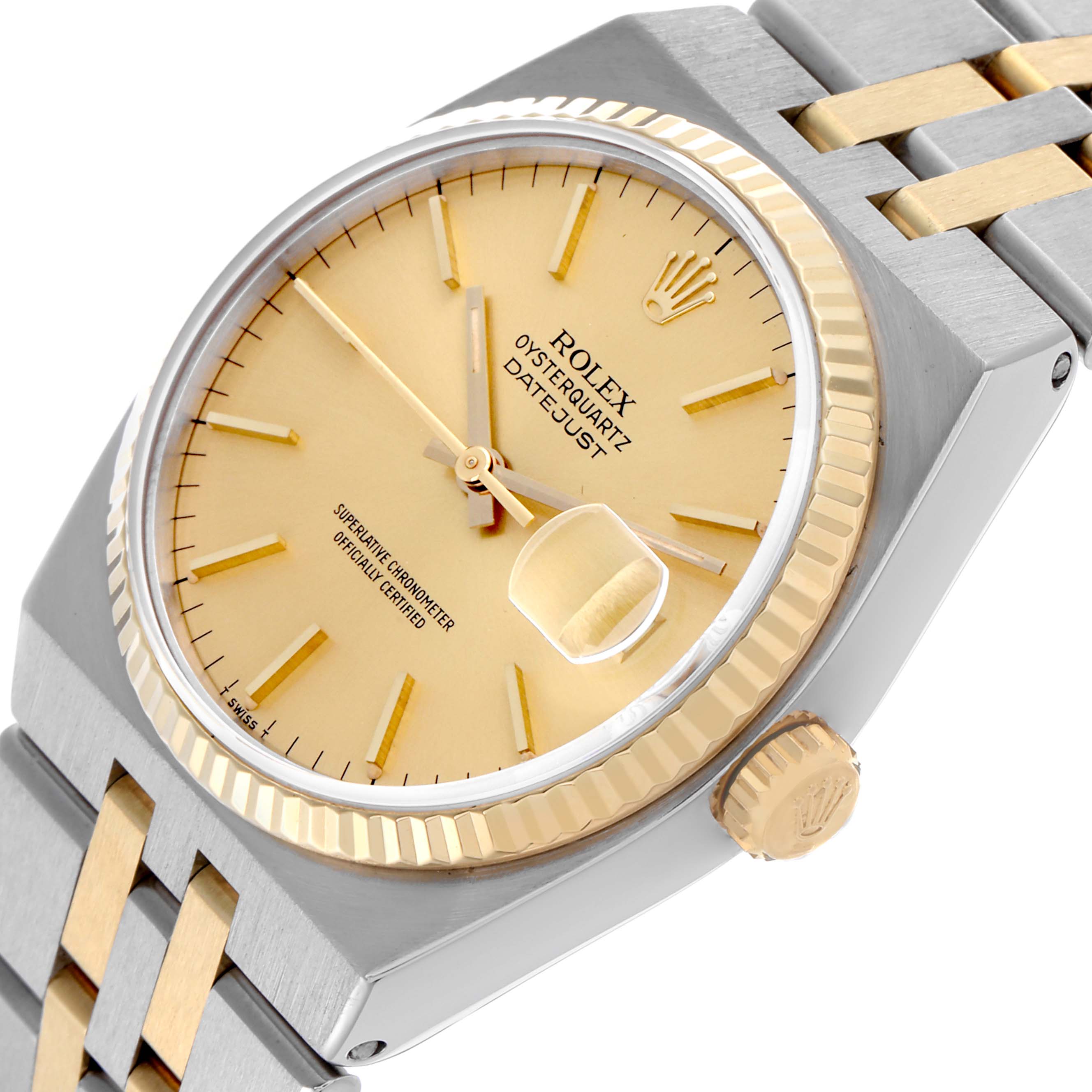 The Rolex Oysterquartz 17013 Men's Steel and Gold (two tone) Champagne Dial 17013 Men's Steel and Gold (two tone) Champagne Dial watch is shown at a tilted angle, highlighting the dial, fluted bezel, and part of the bracelet.