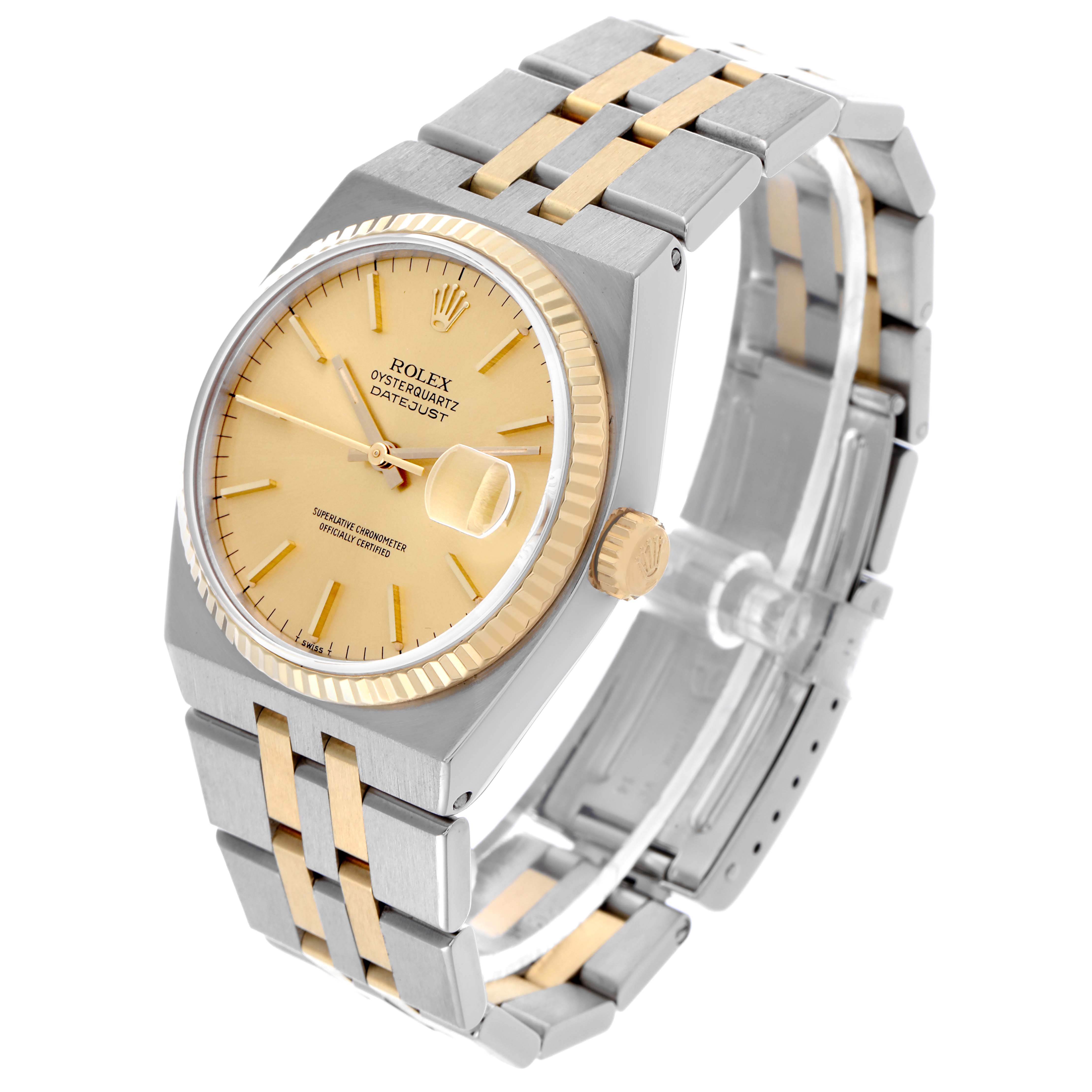 The Rolex Oysterquartz 17013 Men's Steel and Gold (two tone) Champagne Dial 17013 Men's Steel and Gold (two tone) Champagne Dial watch is shown at a three-quarter angle, highlighting the dial, bezel, crown, and two-tone bracelet.