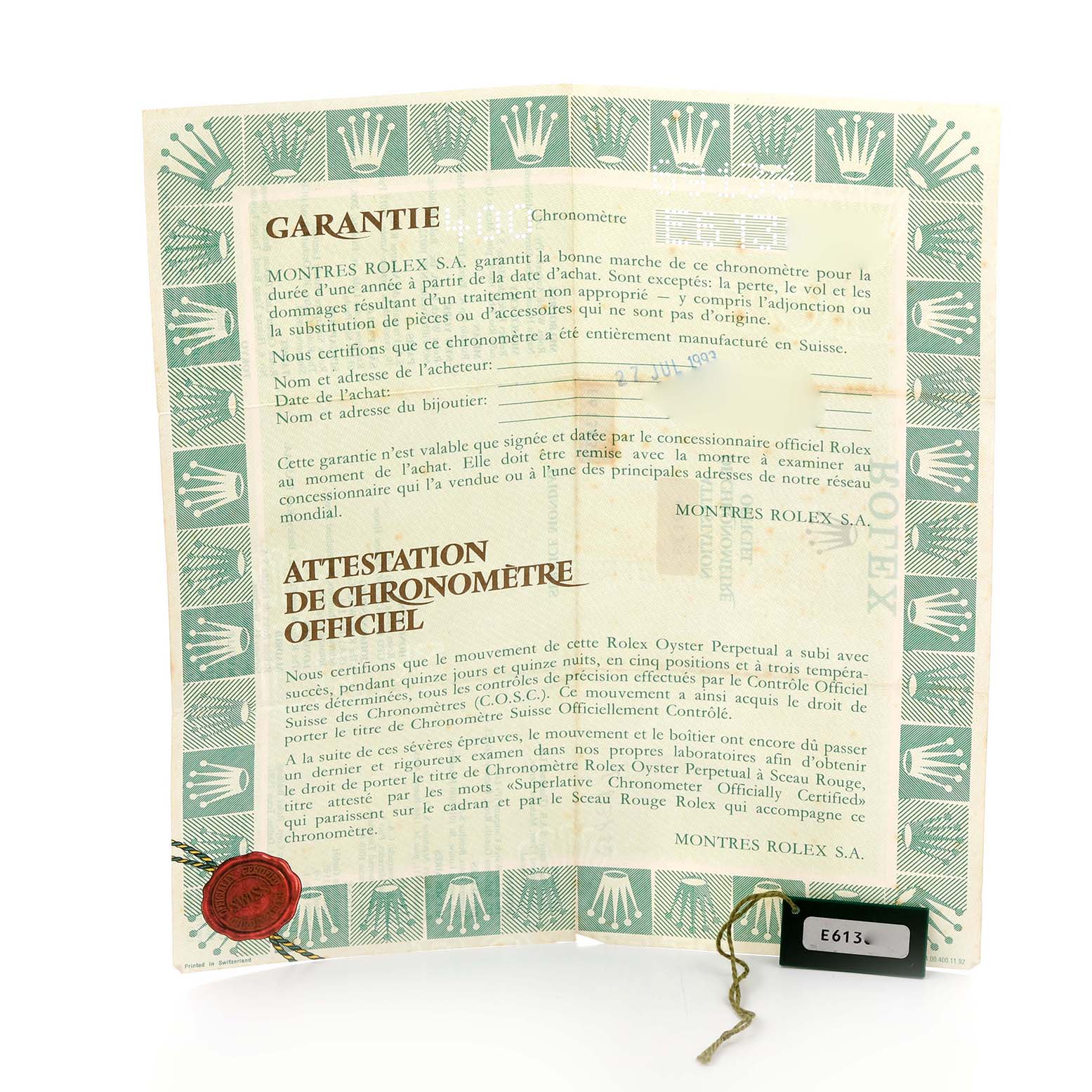 The image shows the warranty and chronometer certificate for the Rolex President 69138 Women's Yellow Gold Champagne Dial 69138 Women's Yellow Gold Champagne Dial model, featuring text and the Rolex logo.