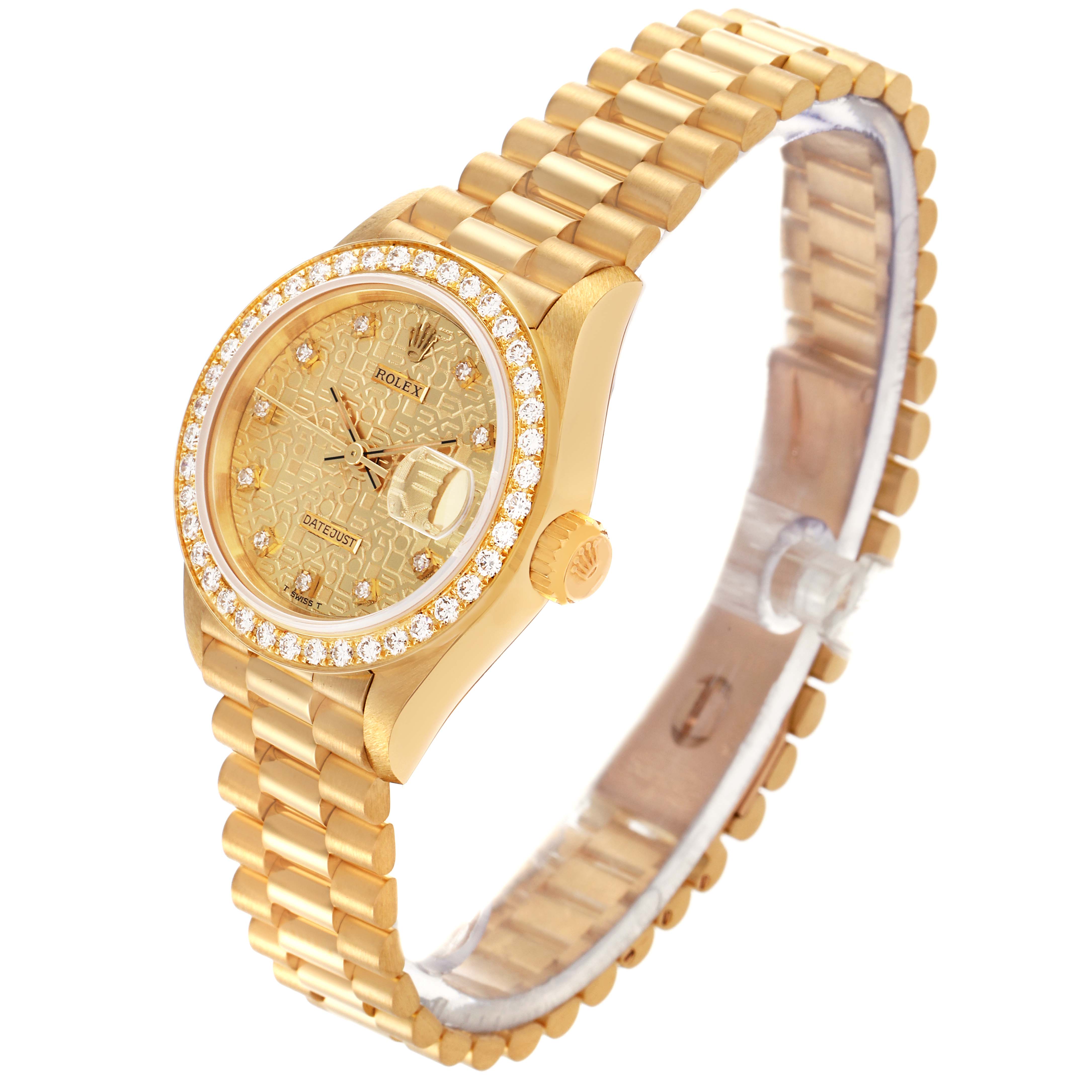 The Rolex President 69138 Women's Yellow Gold Champagne Dial 69138 Women's Yellow Gold Champagne Dial model is shown from a side angle, displaying the dial, bezel, and bracelet clearly.